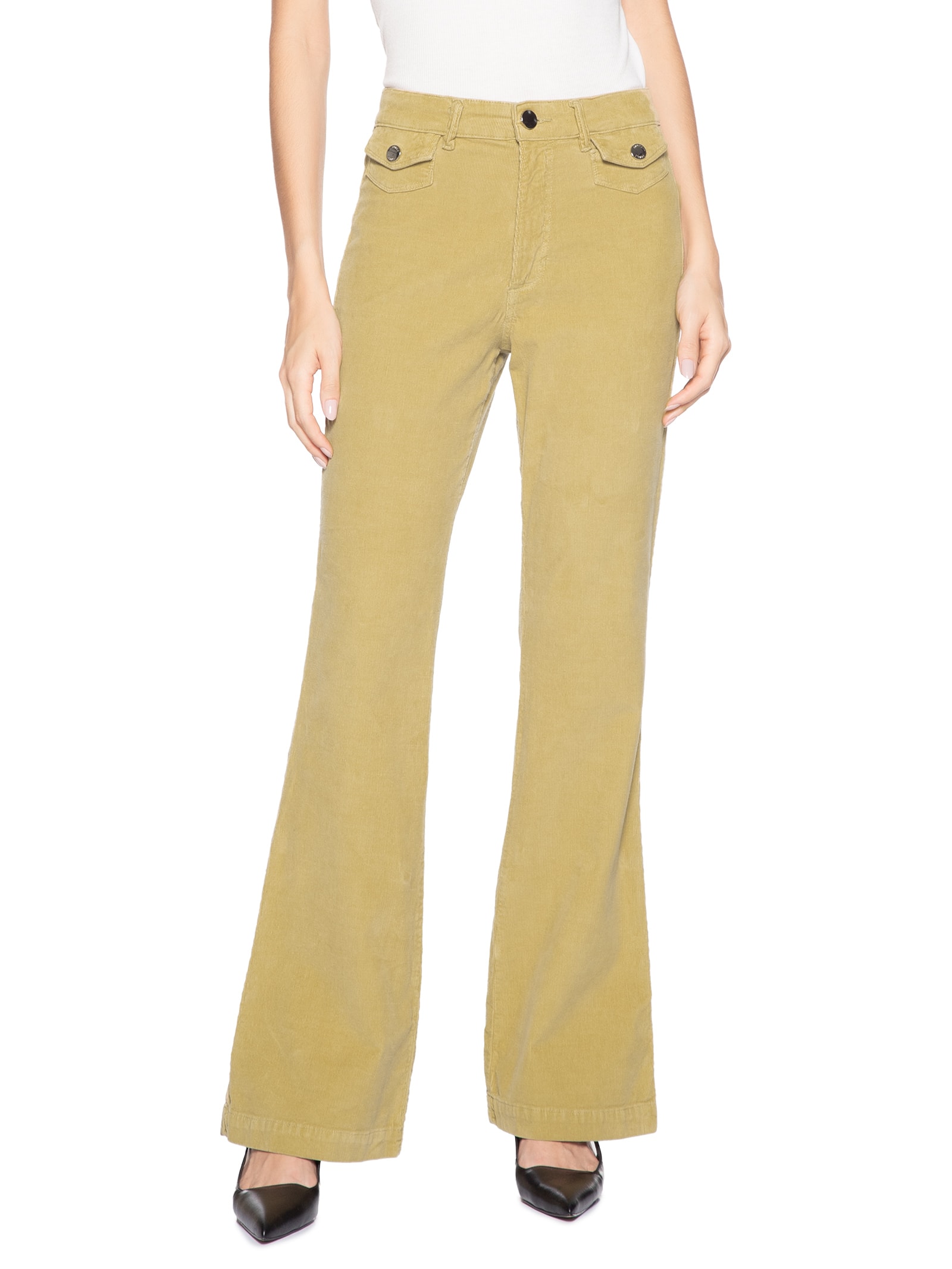 Calça Feminina Flare De Veludo Bolso Bege Animale