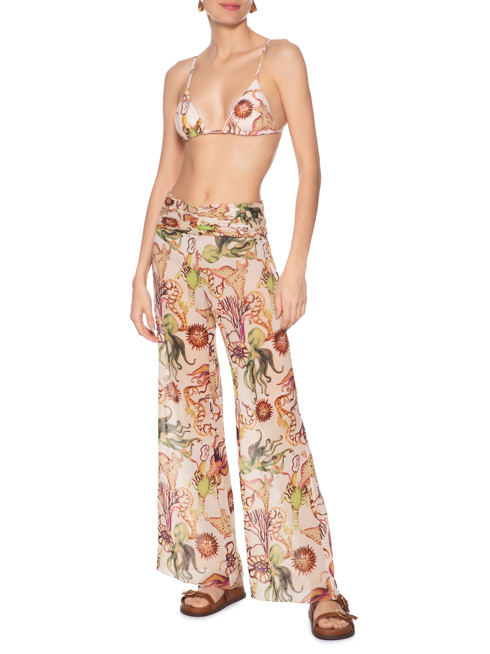 Calça Feminina Flare Franzida Resort Fundo do Mar Bege Animale Resort