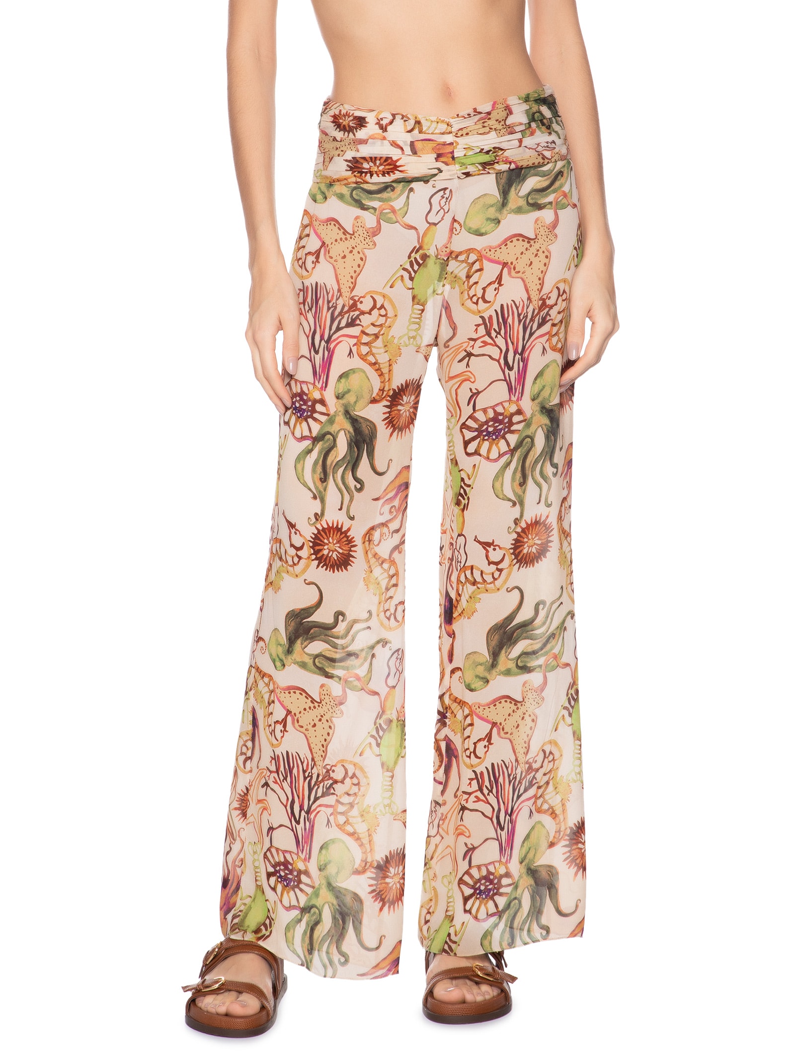 Calça Feminina Flare Franzida Resort Fundo do Mar Bege Animale Resort