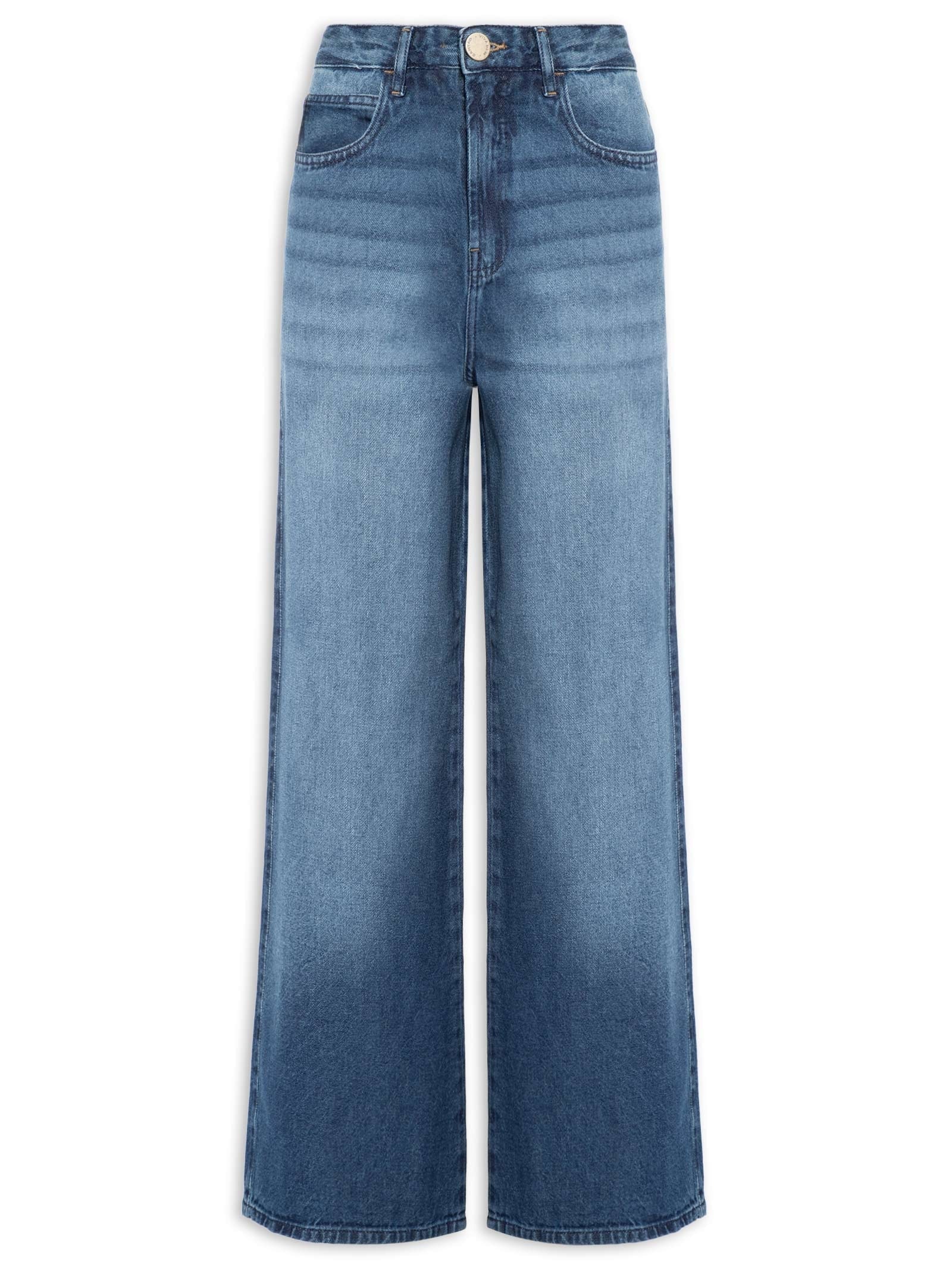 Calça Feminina Jeans A Reta Textura Lateral Azul Cantão