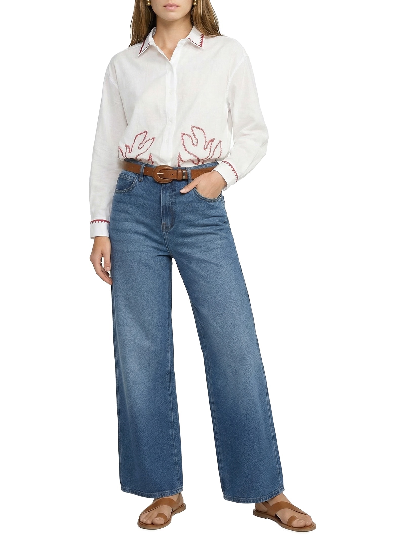 Calça Feminina Jeans A Reta Textura Lateral Azul Cantão