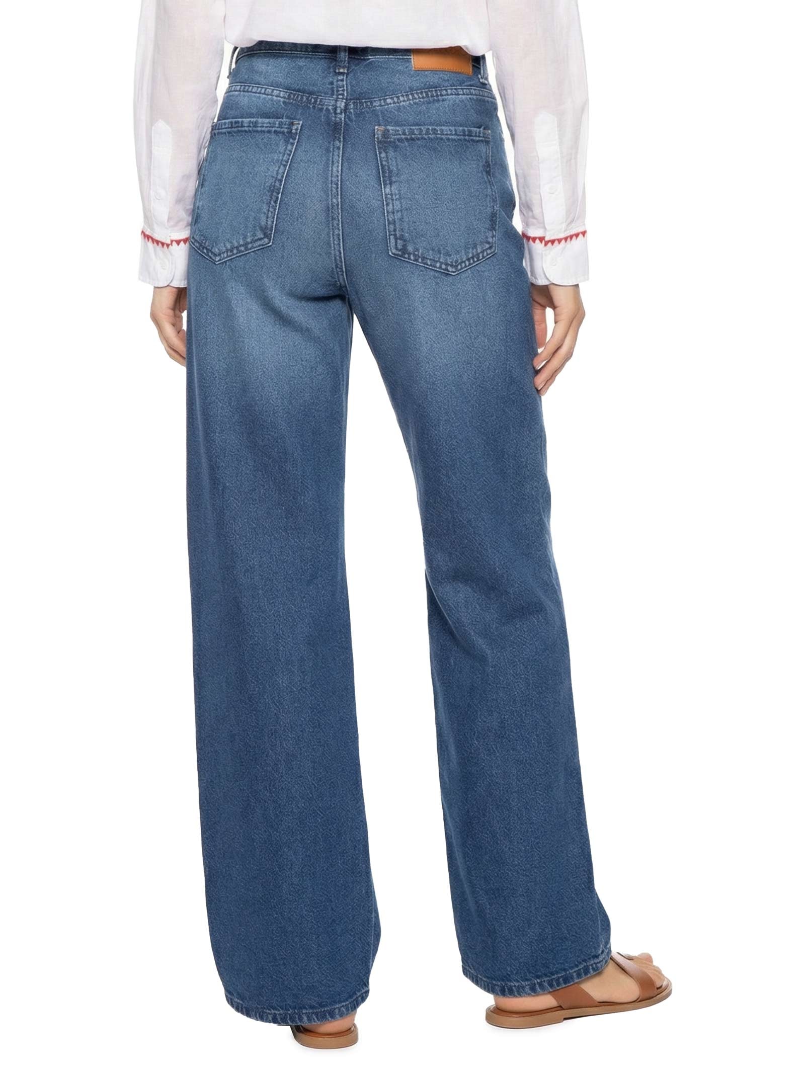 Calça Feminina Jeans A Reta Textura Lateral Azul Cantão