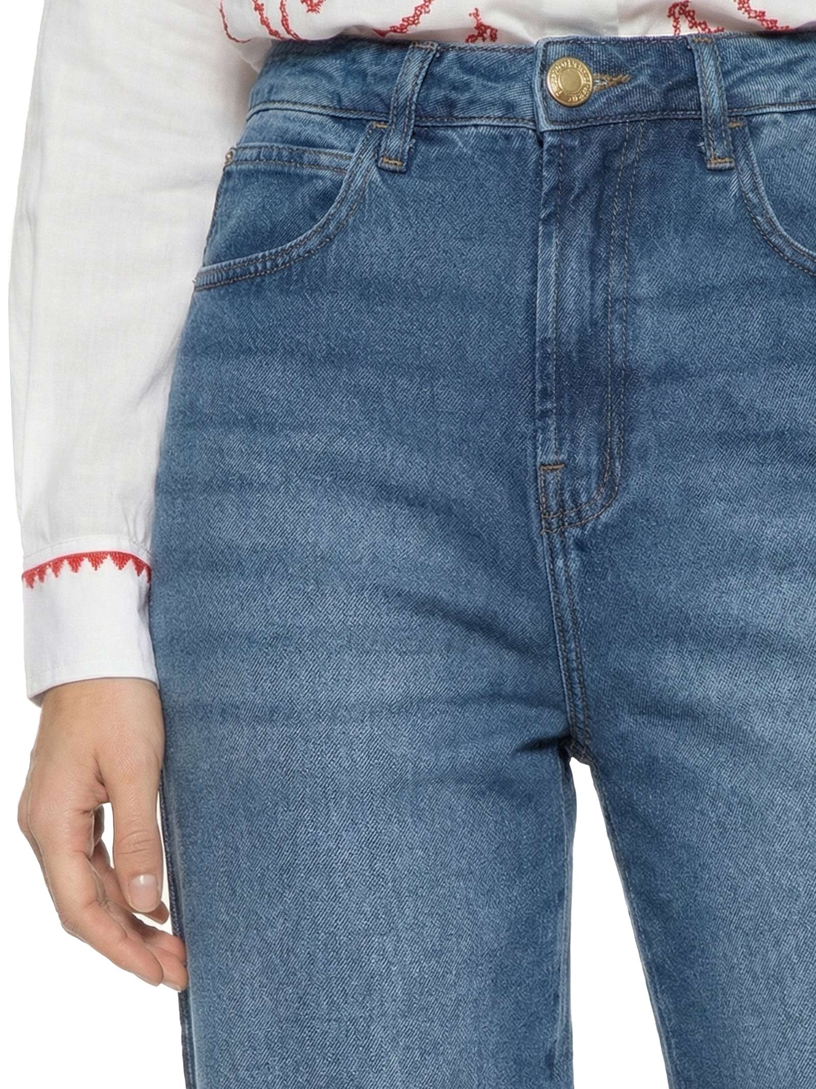 Calça Feminina Jeans A Reta Textura Lateral Azul Cantão
