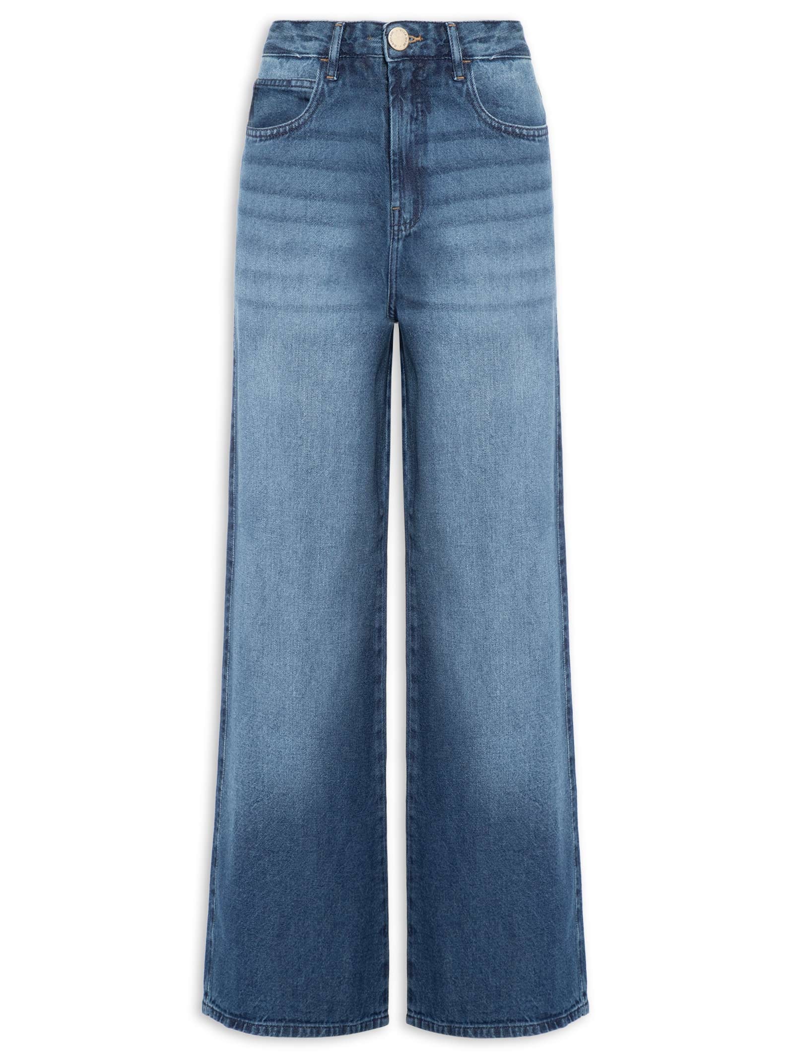 Calça Feminina Jeans A Reta Textura Lateral Azul Cantão