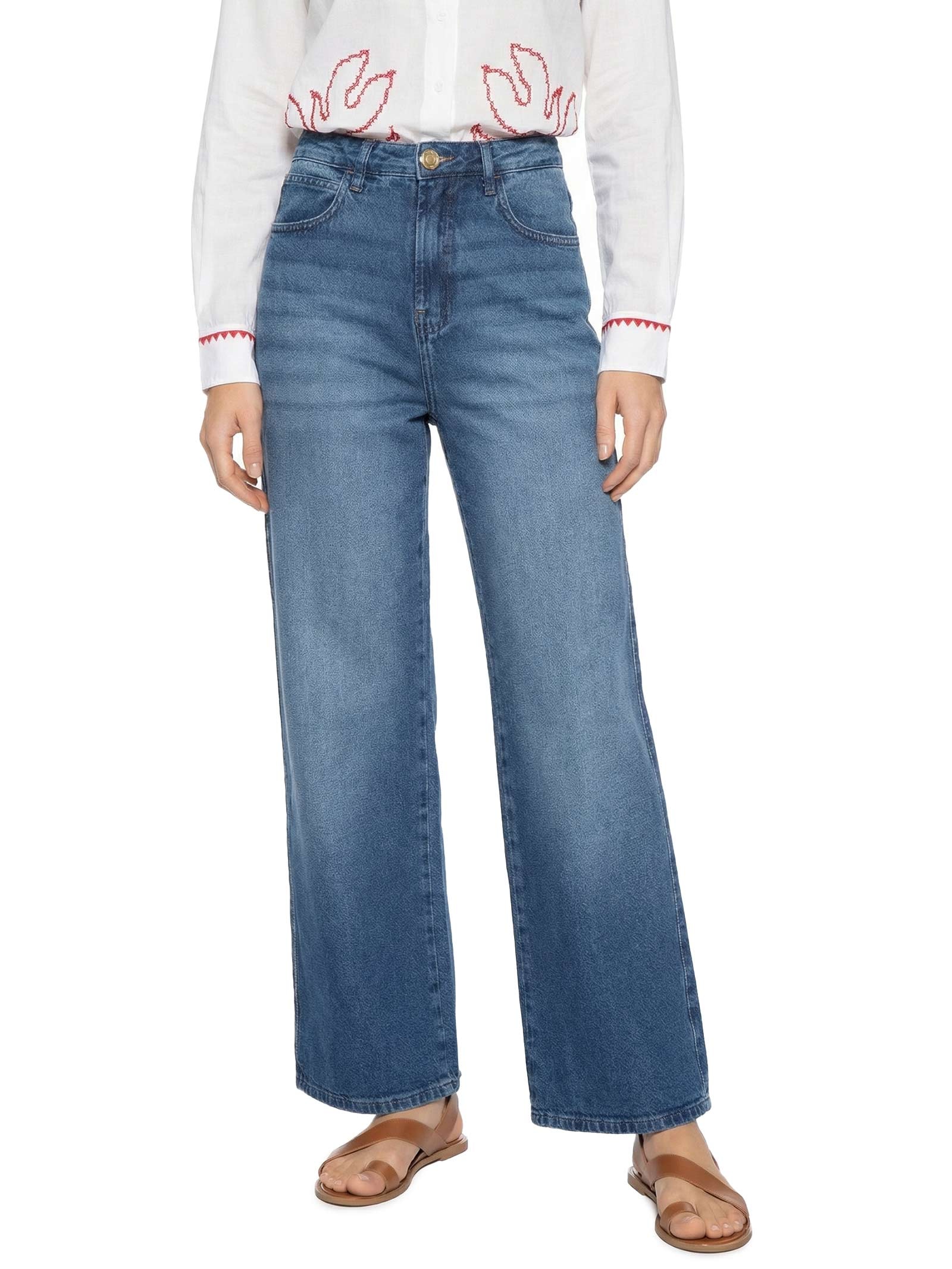 Calça Feminina Jeans A Reta Textura Lateral Azul Cantão