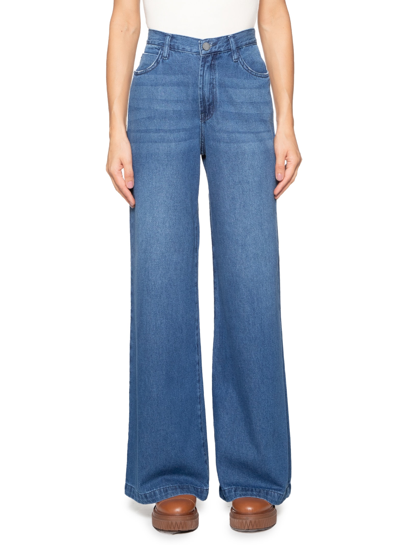 Calça Feminina Jeans A Wide Leg Lavagens Cantão Azul