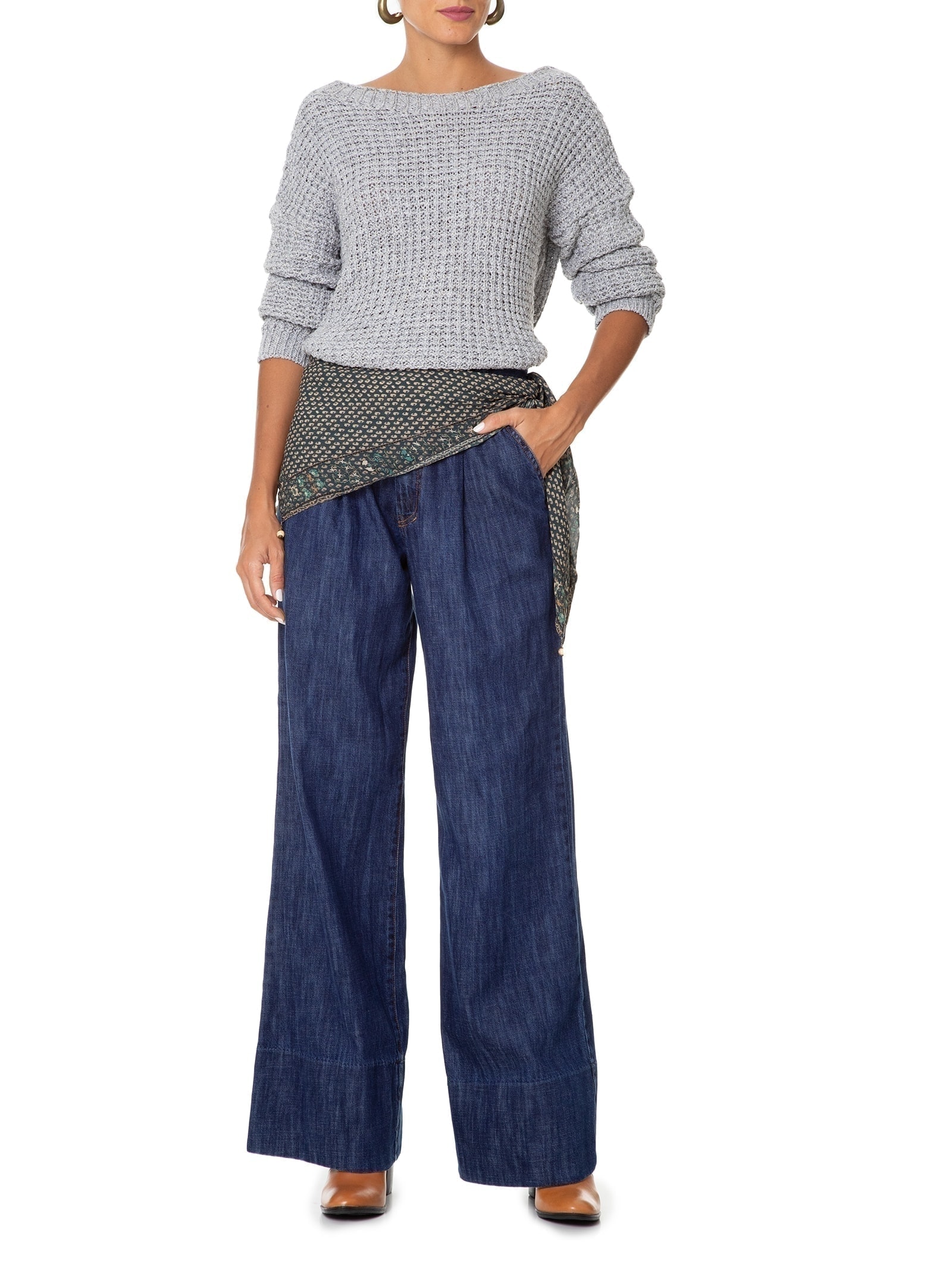 Calça Feminina Jeans Alfaiataria Pregas Azul Maria Filó