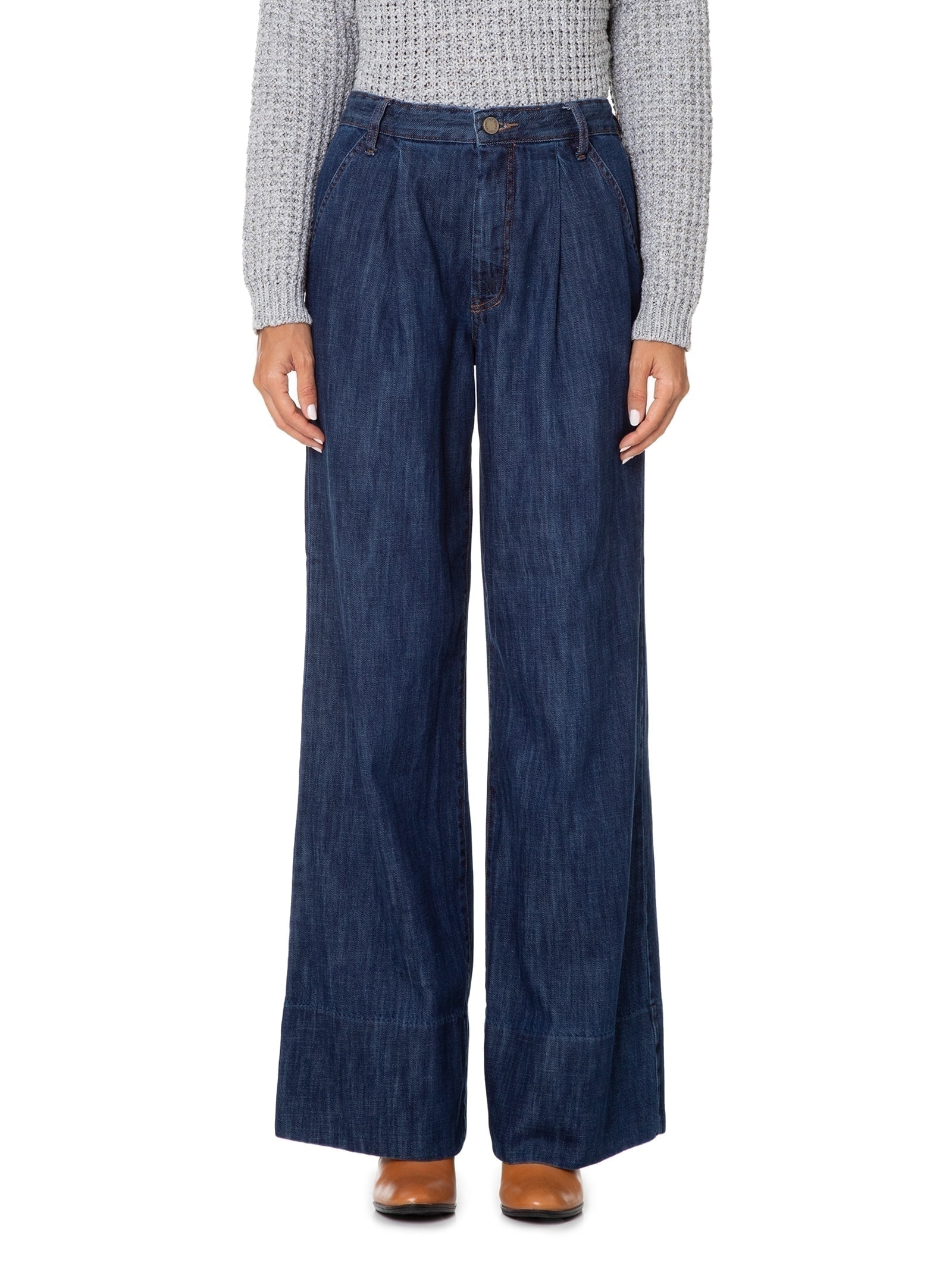 Calça Feminina Jeans Alfaiataria Pregas Azul Maria Filó