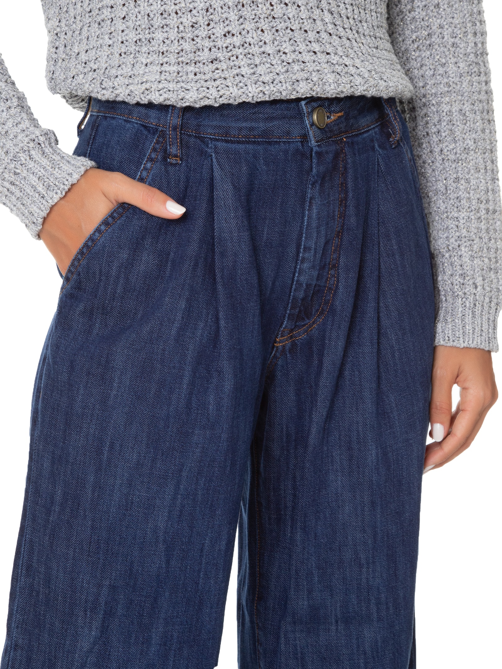 Calça Feminina Jeans Alfaiataria Pregas Azul Maria Filó