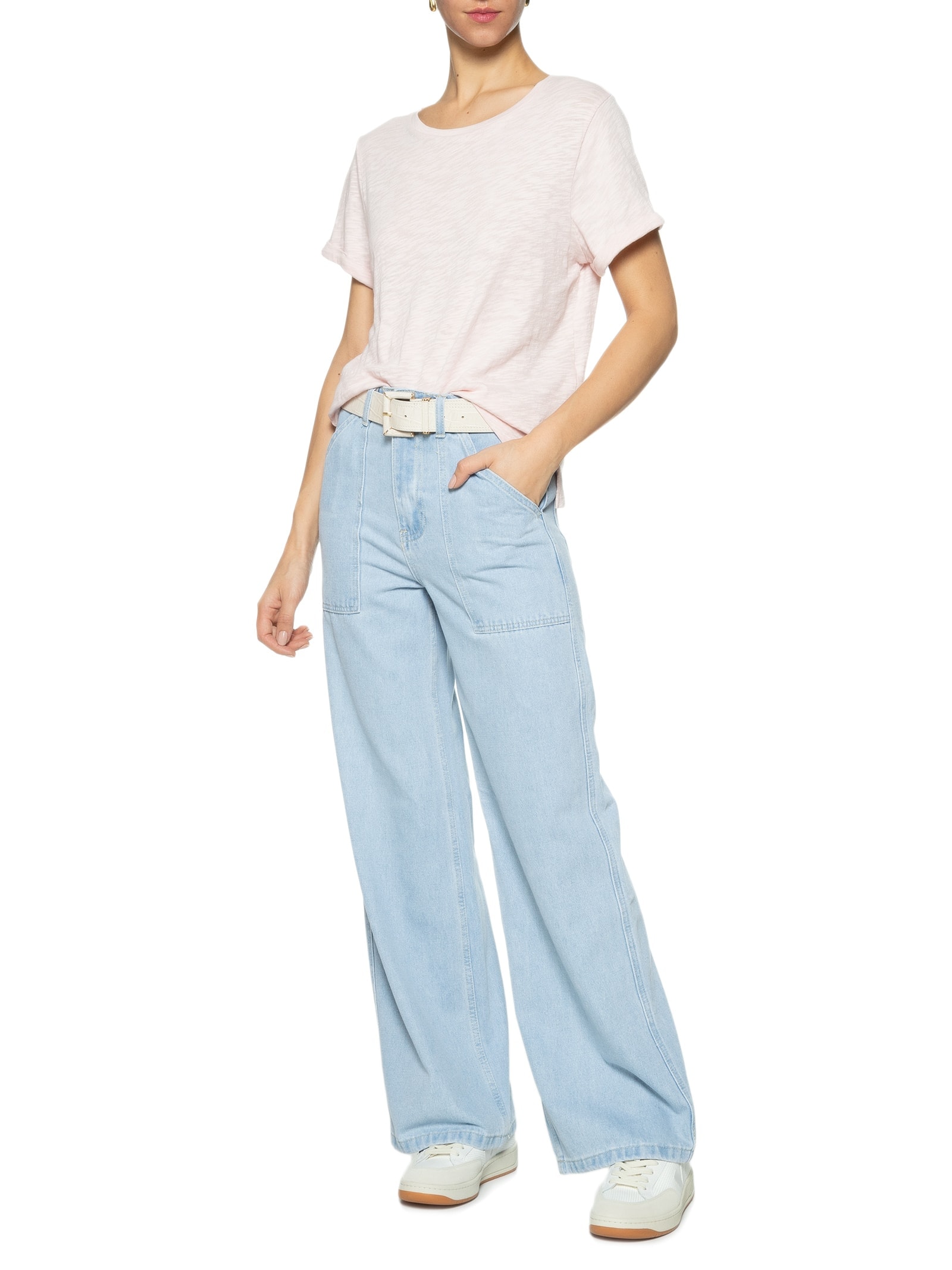 Calça Feminina Jeans Ampla Com Bolsos Frontais Azul Basiq