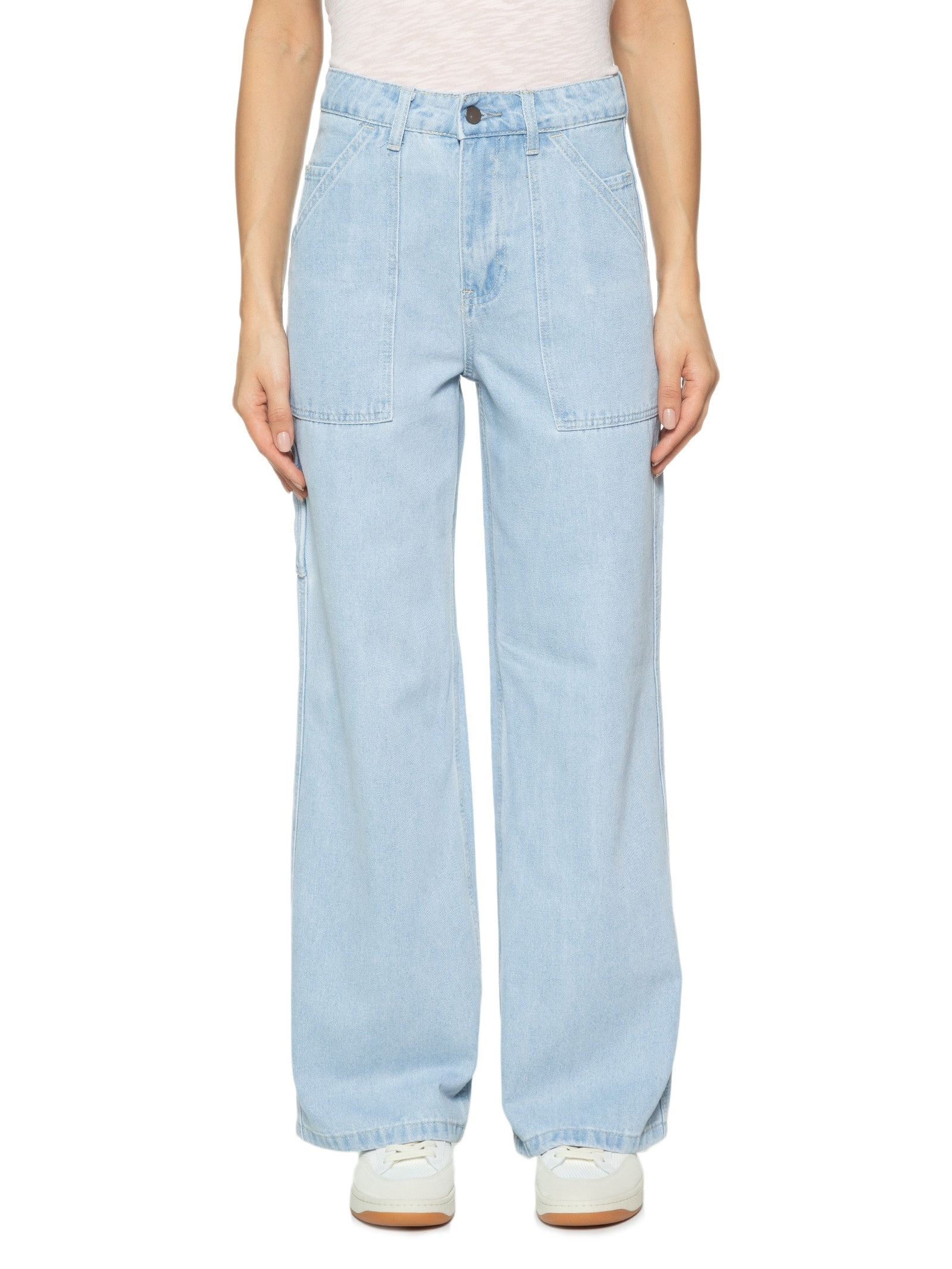 Calça Feminina Jeans Ampla Com Bolsos Frontais Azul Basiq