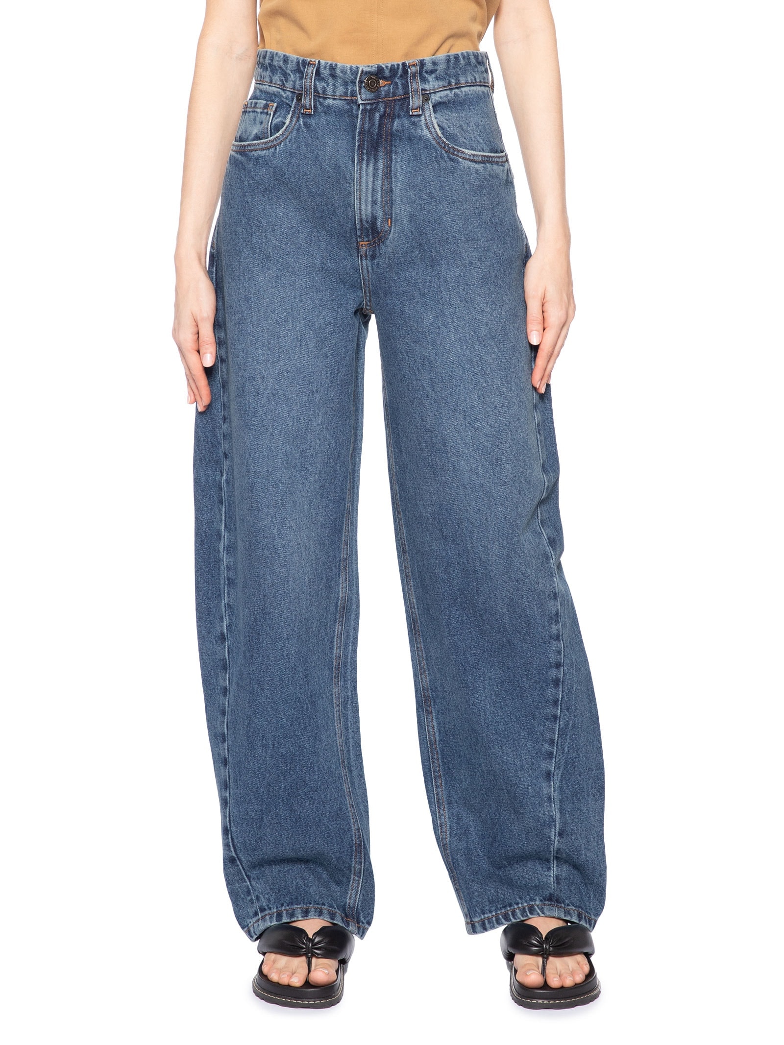 Calça Feminina Jeans Baggy Com Transpasse Folha  Azul Animale Jeans