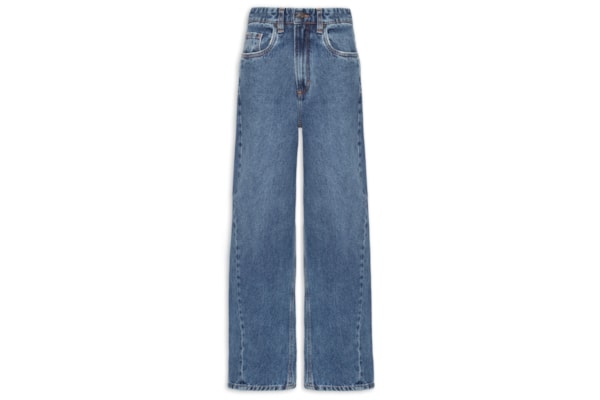 Calça Feminina Jeans Baggy Com Transpasse Folha  – Azul