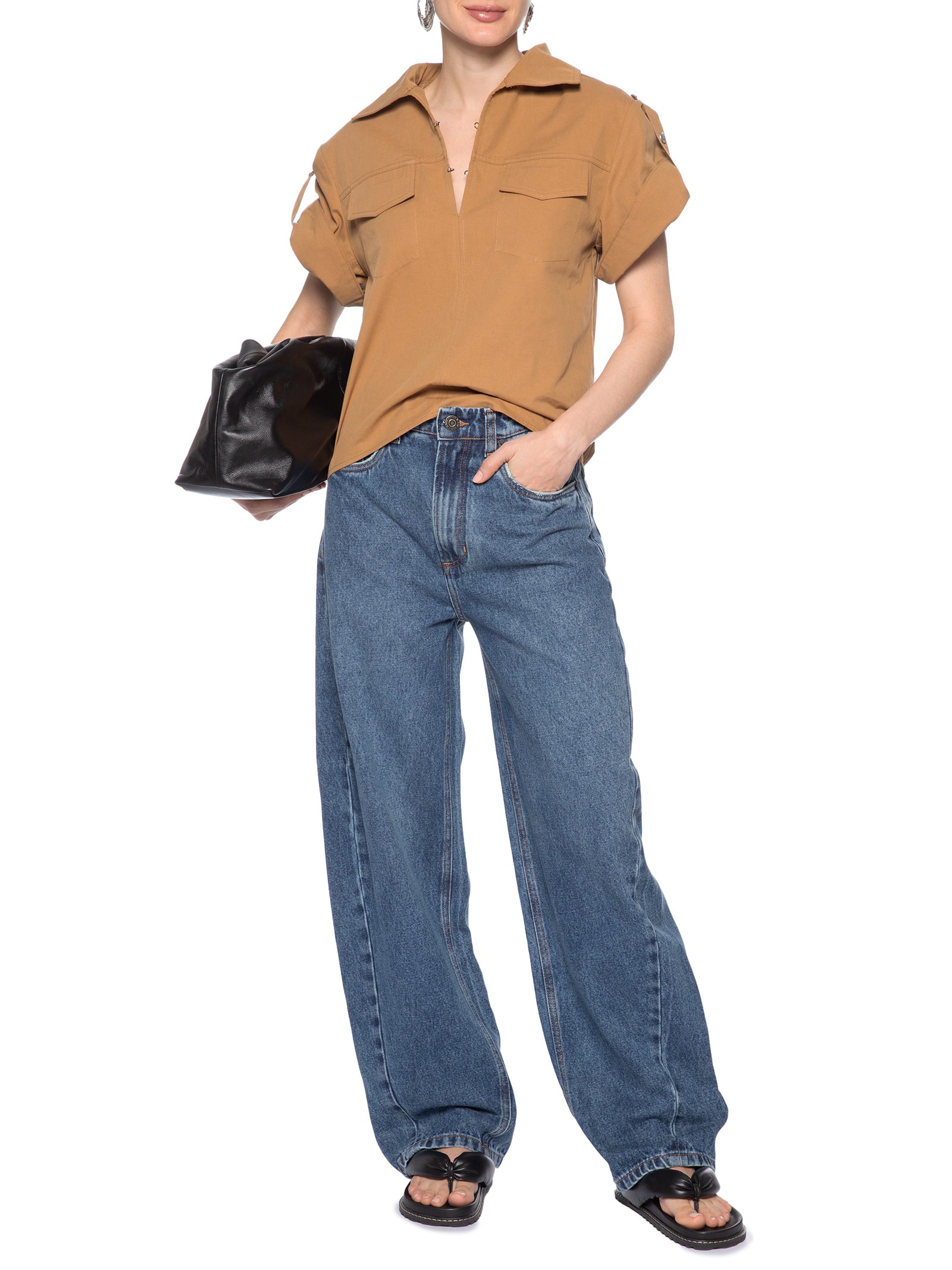 Calça Feminina Jeans Baggy Com Transpasse Folha  – Azul Animale Jeans