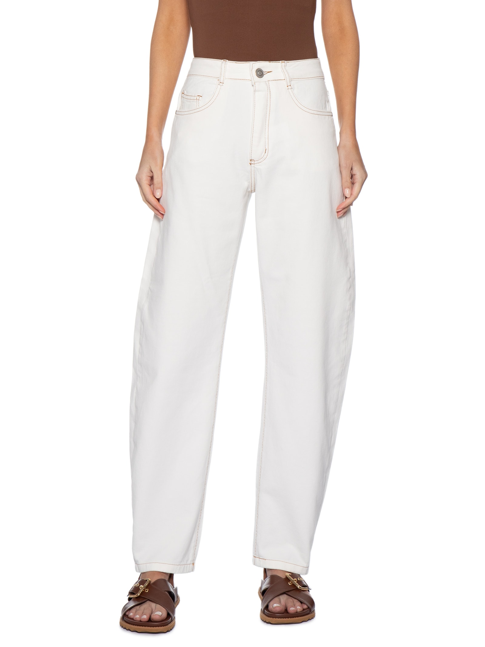 Calça Feminina Jeans Barrel Off White Basiq