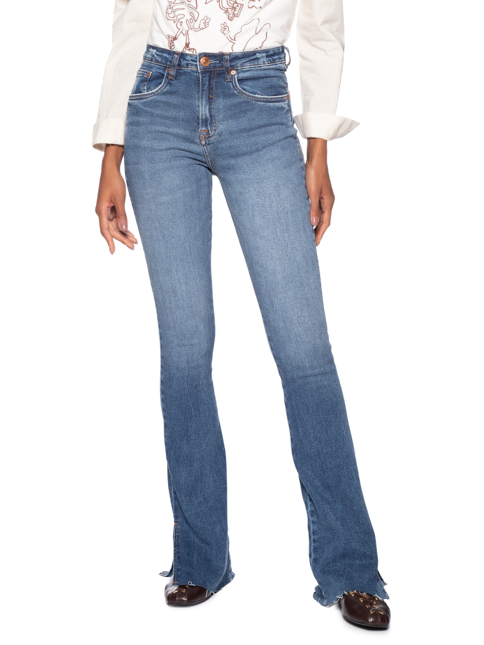 Calça Feminina Jeans Boot Basic Midi Fenda Azul Animale Jeans