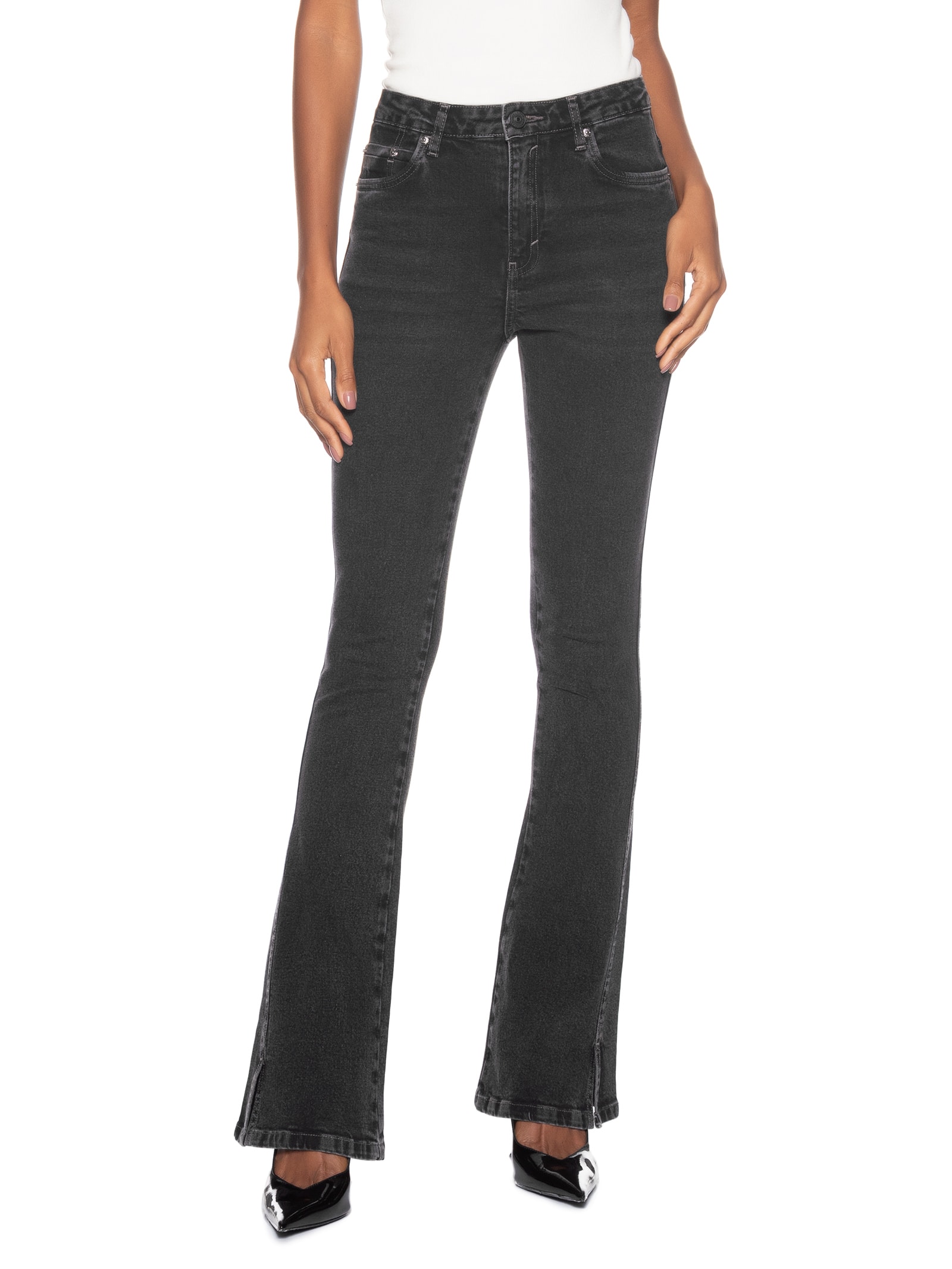 ?Calça Feminina Jeans Boot Basic Midi Preto Animale Jeans