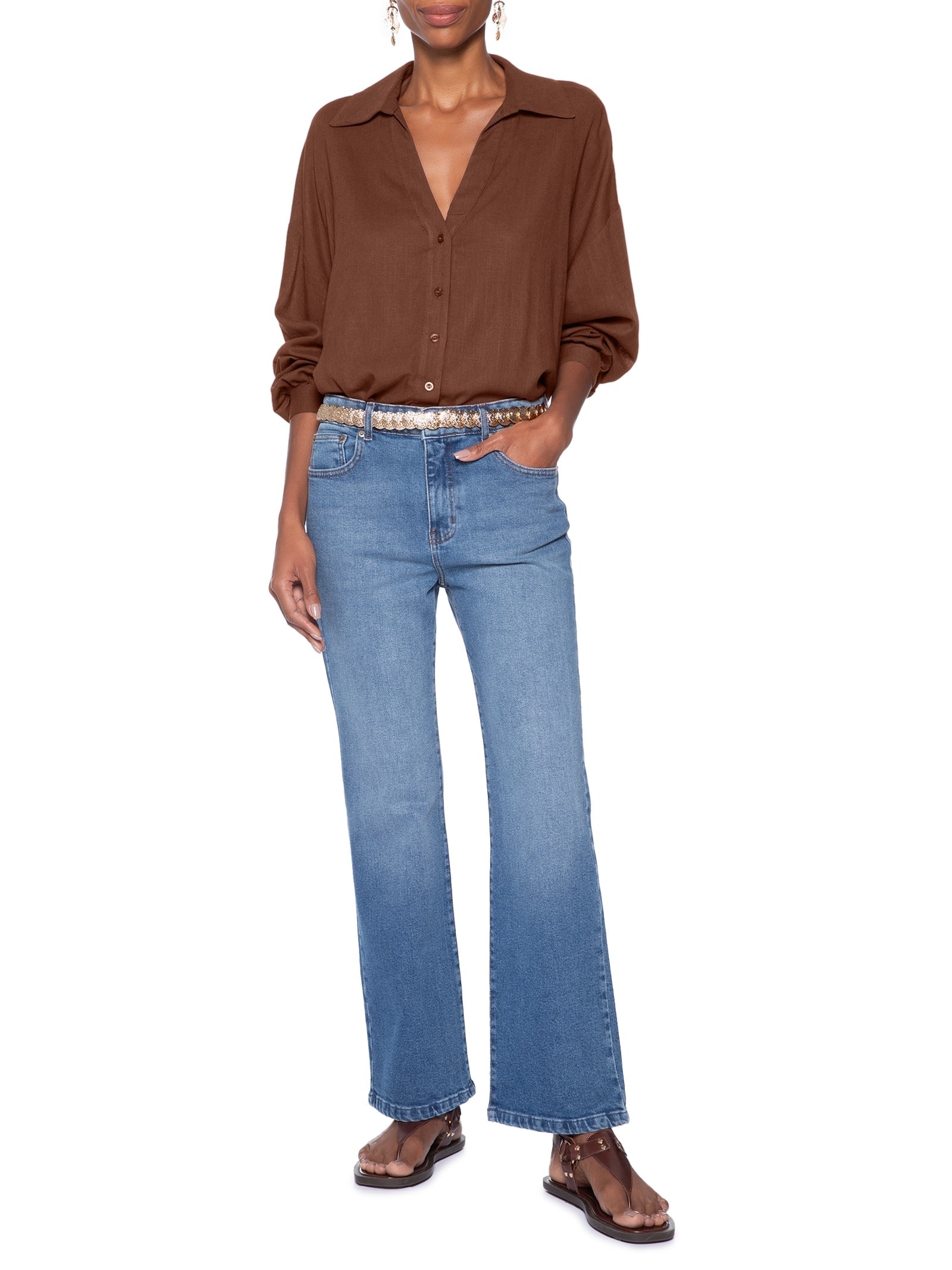Calça Feminina Jeans Bootcut Bainha Desfeita Azul Maria Filó