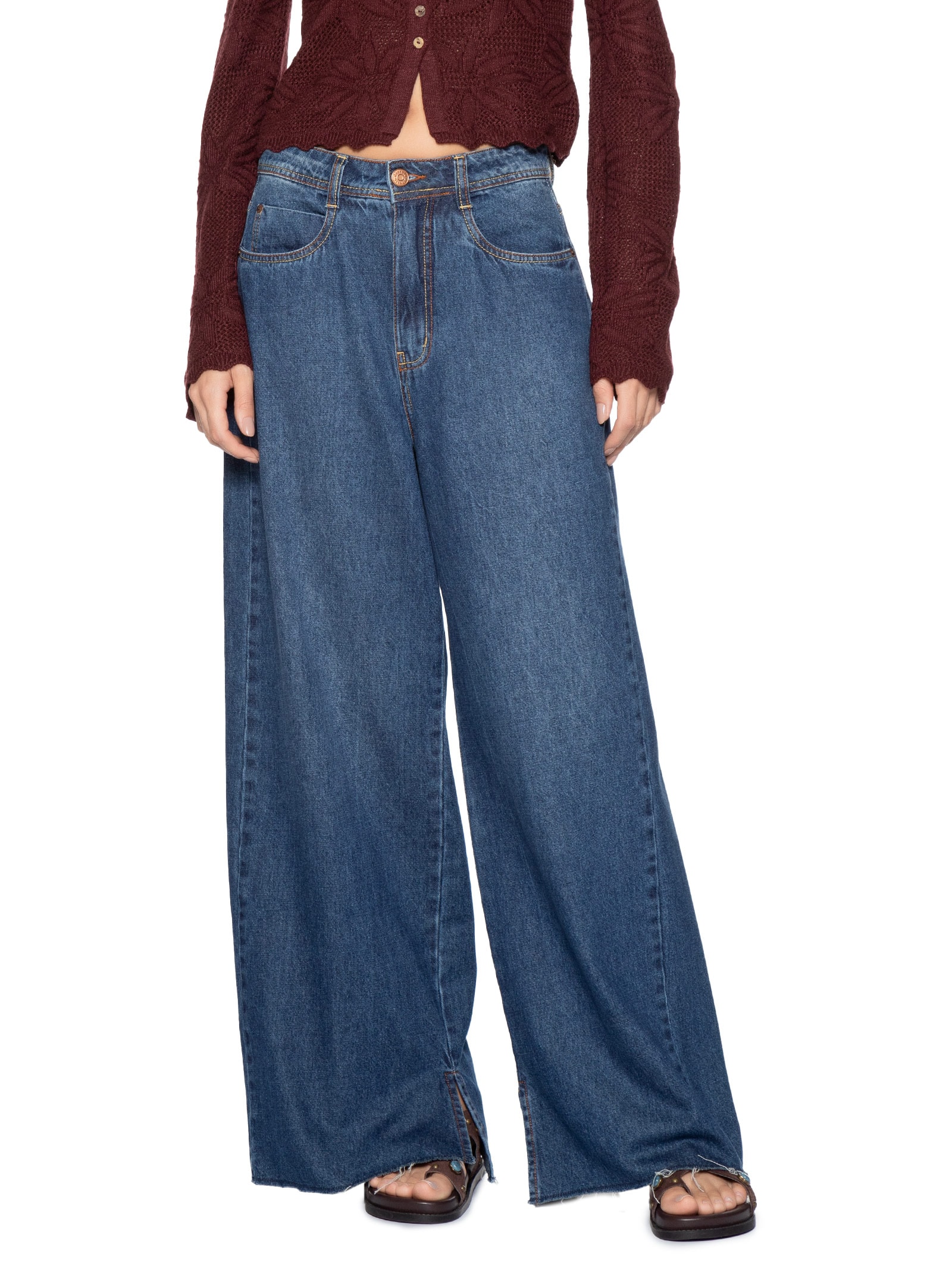 Calça Feminina Jeans Boyfriend Dark Fenda Azul Dress To