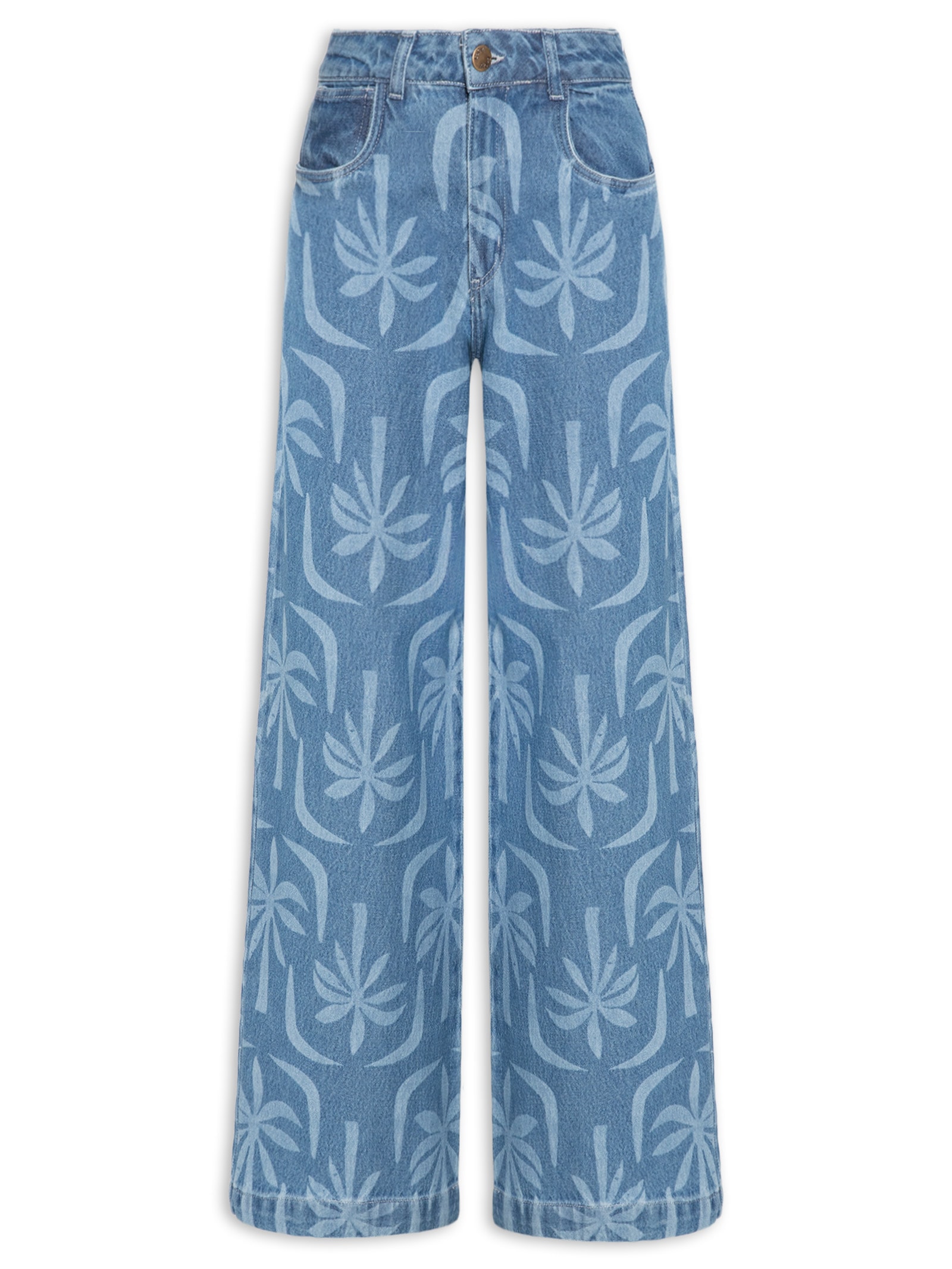 Calça Feminina Jeans Estampa Laser Coqueiro Azul Cacay