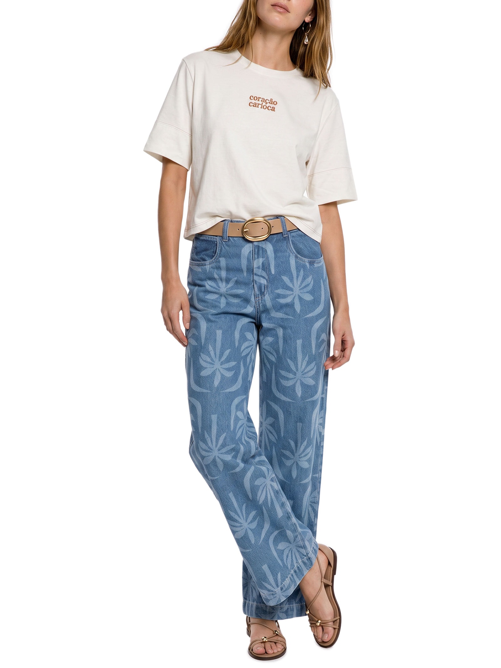 Calça Feminina Jeans Estampa Laser Coqueiro Azul Cacay