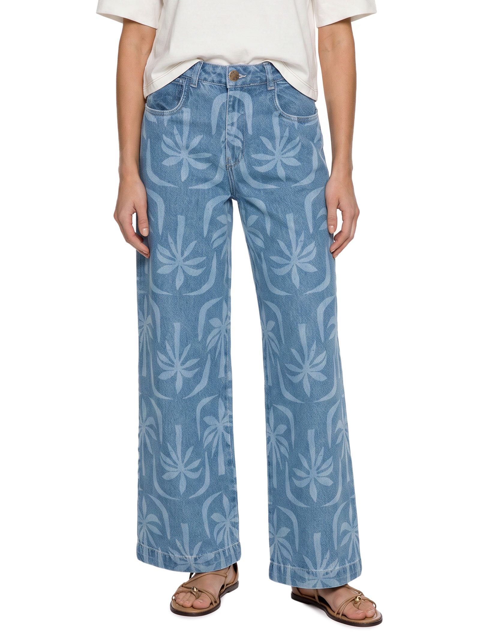 Calça Feminina Jeans Estampa Laser Coqueiro Azul Cacay
