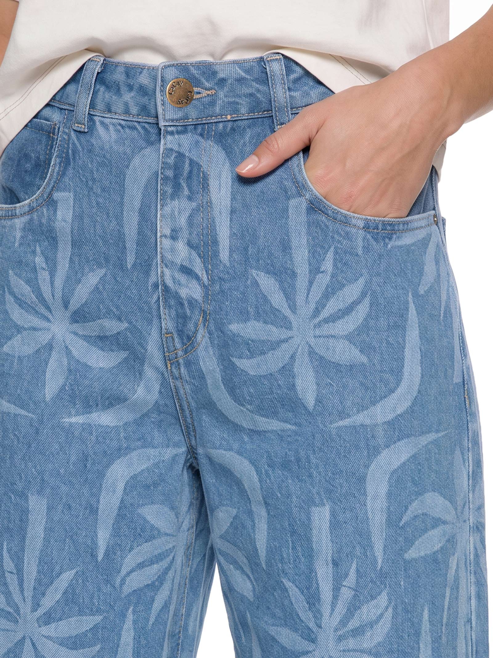 Calça Feminina Jeans Estampa Laser Coqueiro Azul Cacay