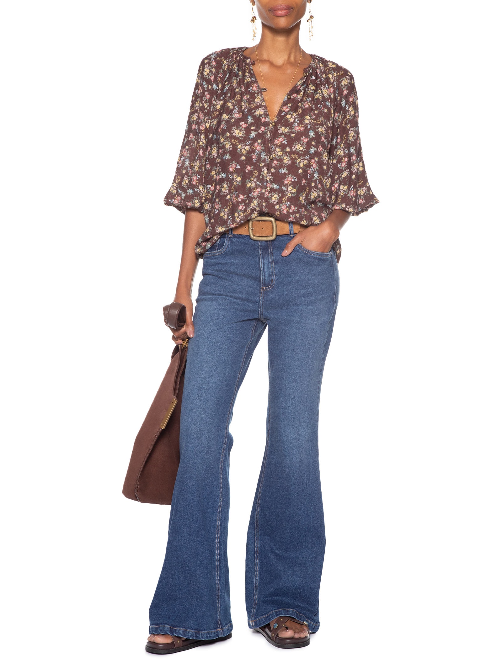 Calça Feminina Jeans Flare Cintura Alta Used Azul Maria Filó