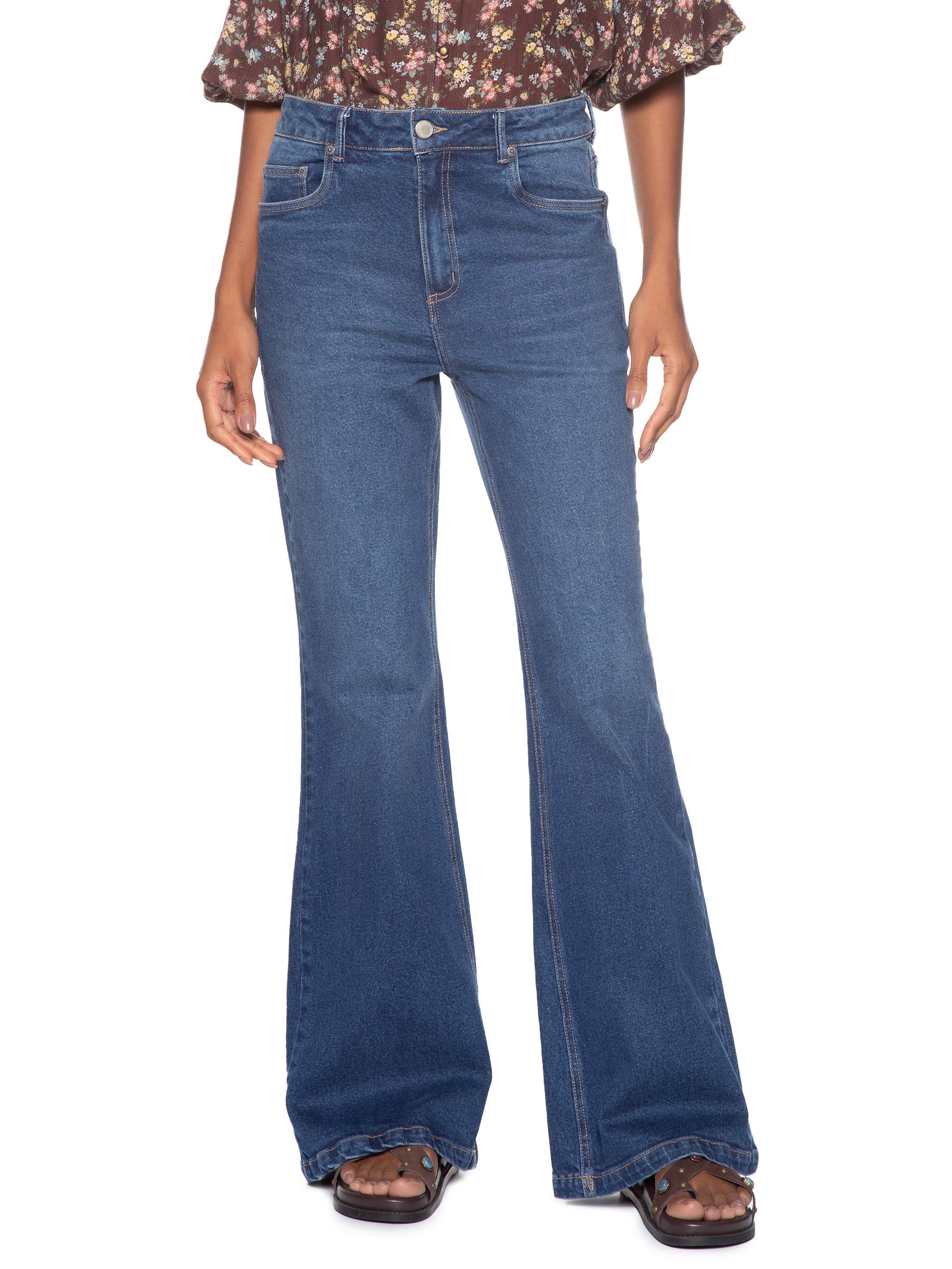 Calça Feminina Jeans Flare Cintura Alta Used Azul Maria Filó