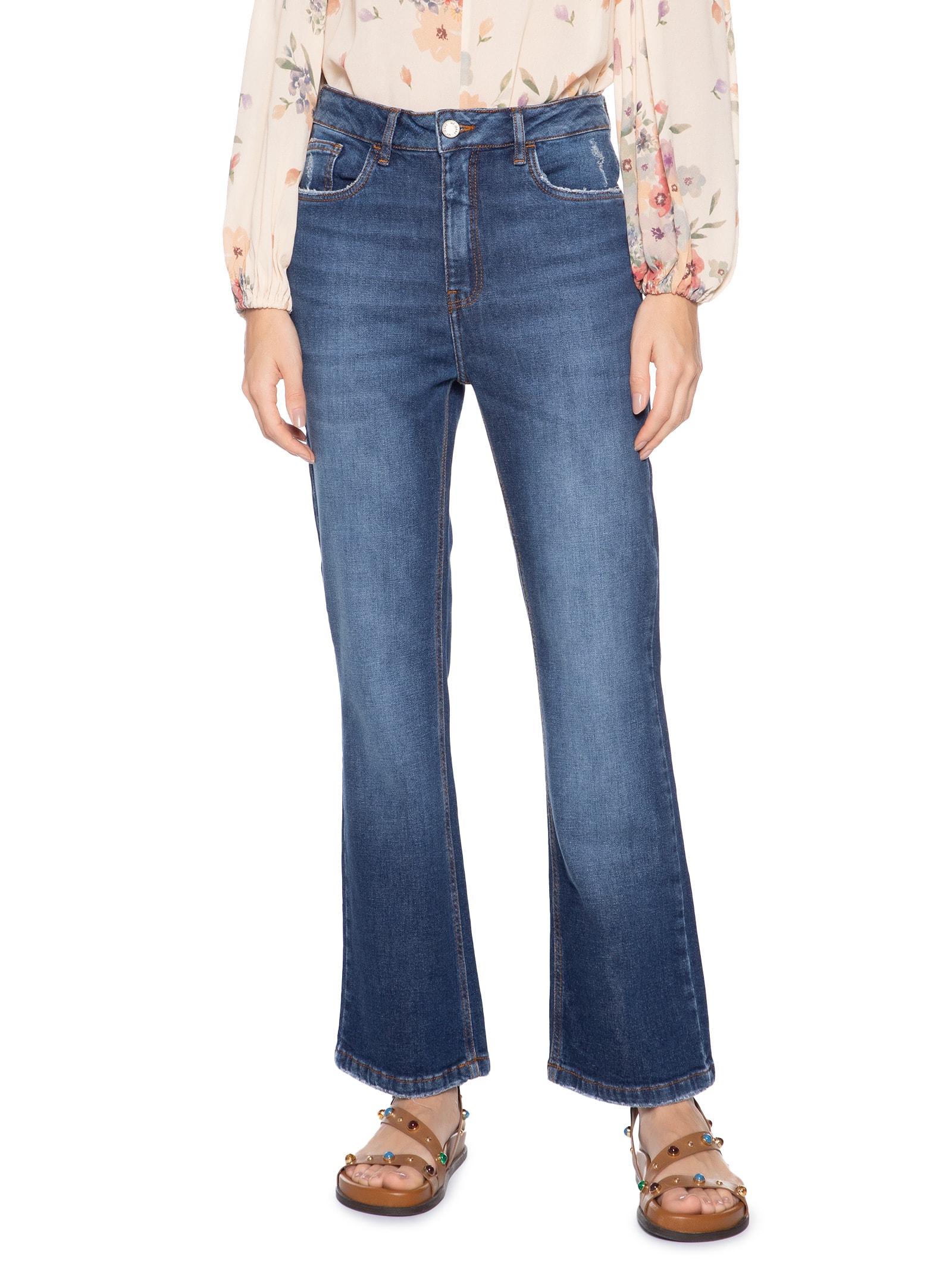 Calça Feminina Jeans Flare Desgaste Azul Maria Filó