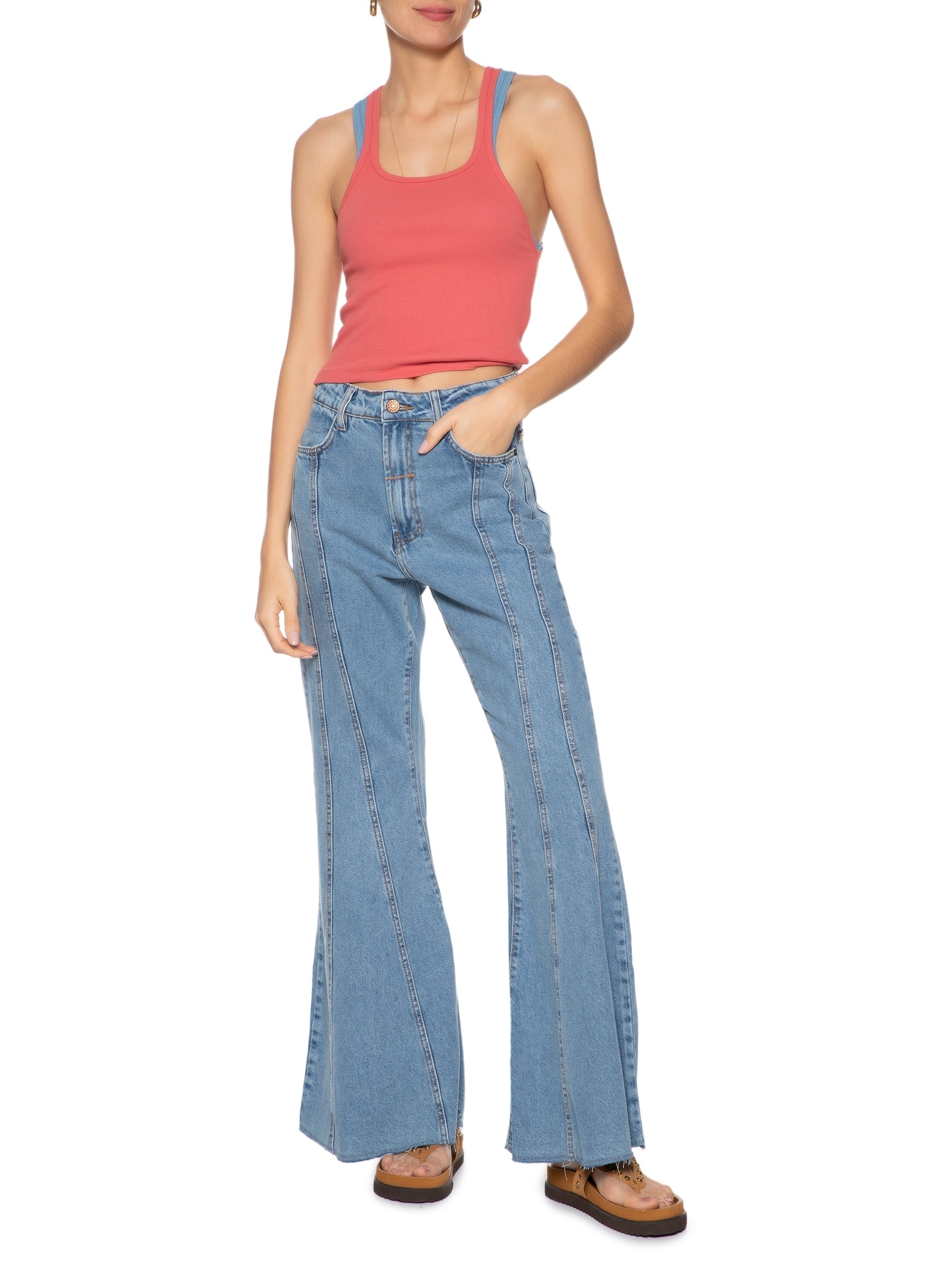 Calça Feminina Jeans Fluída Recortes Azul Dress To