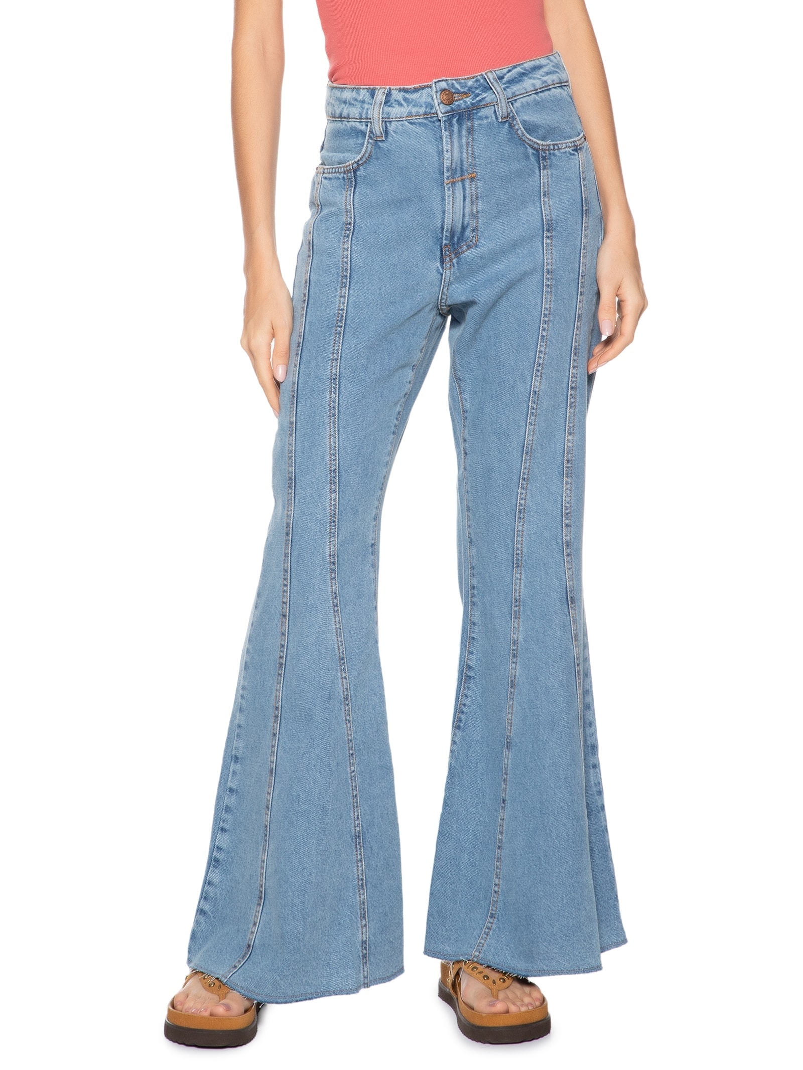 Calça Feminina Jeans Fluída Recortes Azul Dress To