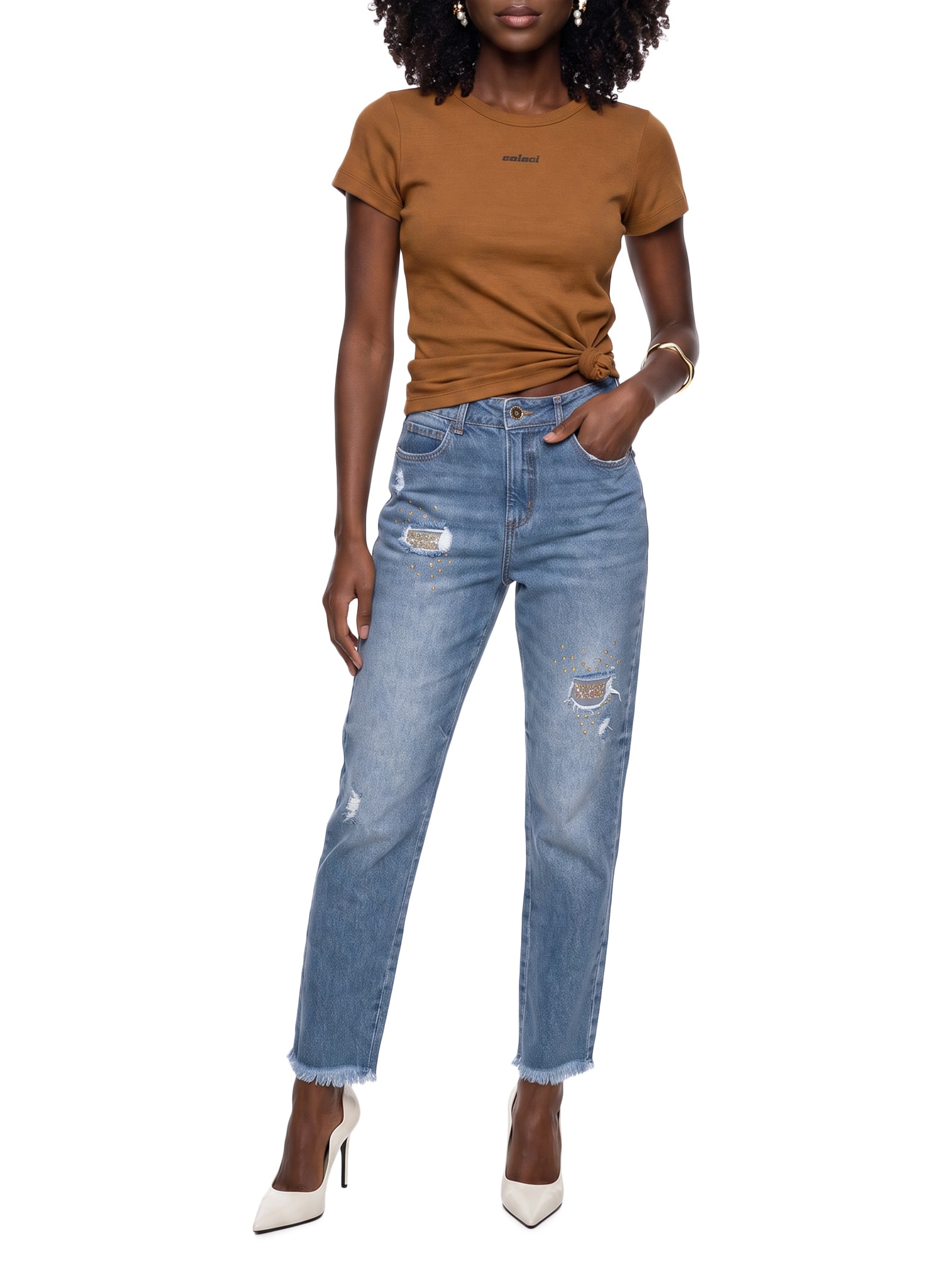 Calça Feminina Jeans Kendall Com Aplicação Azul Colcci