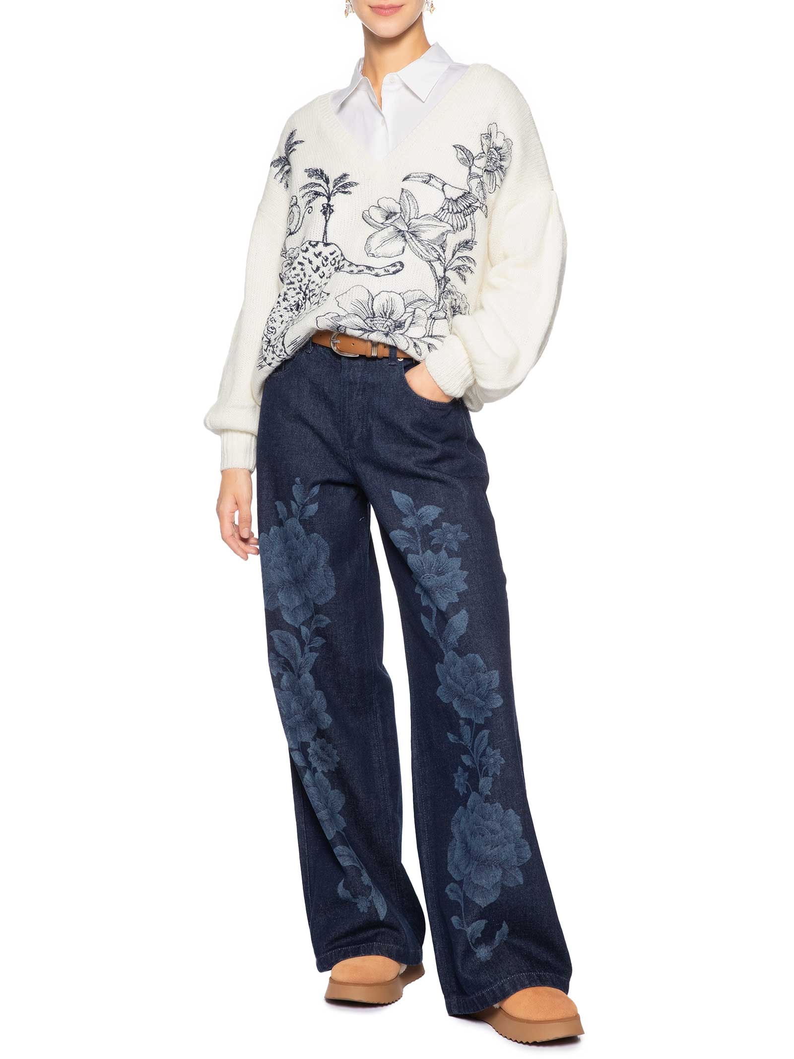Calça Feminina Jeans Laser Floral Azul Farm