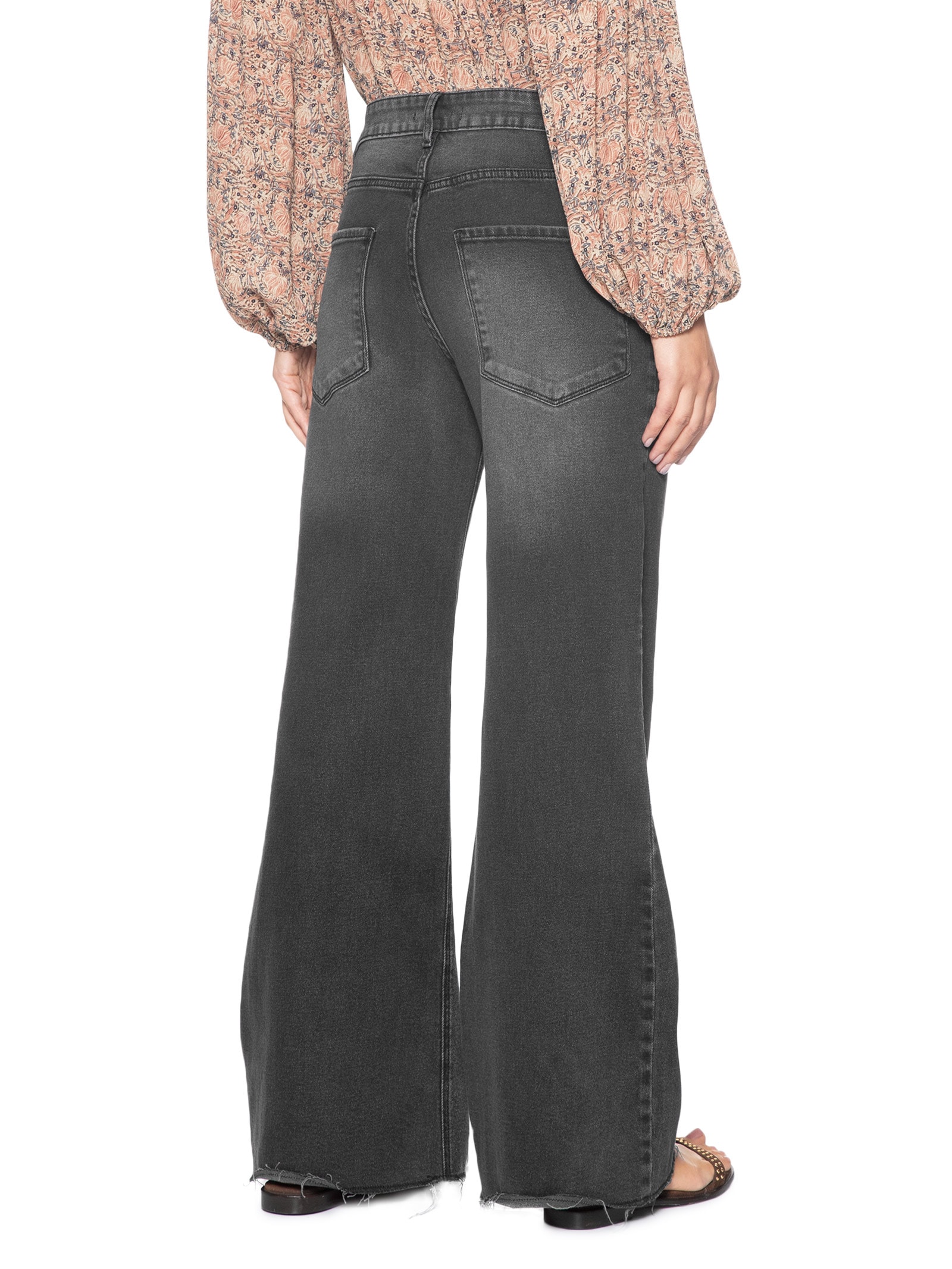 Calça Feminina Jeans Mini Wides Bigodes Preto Maria Filó