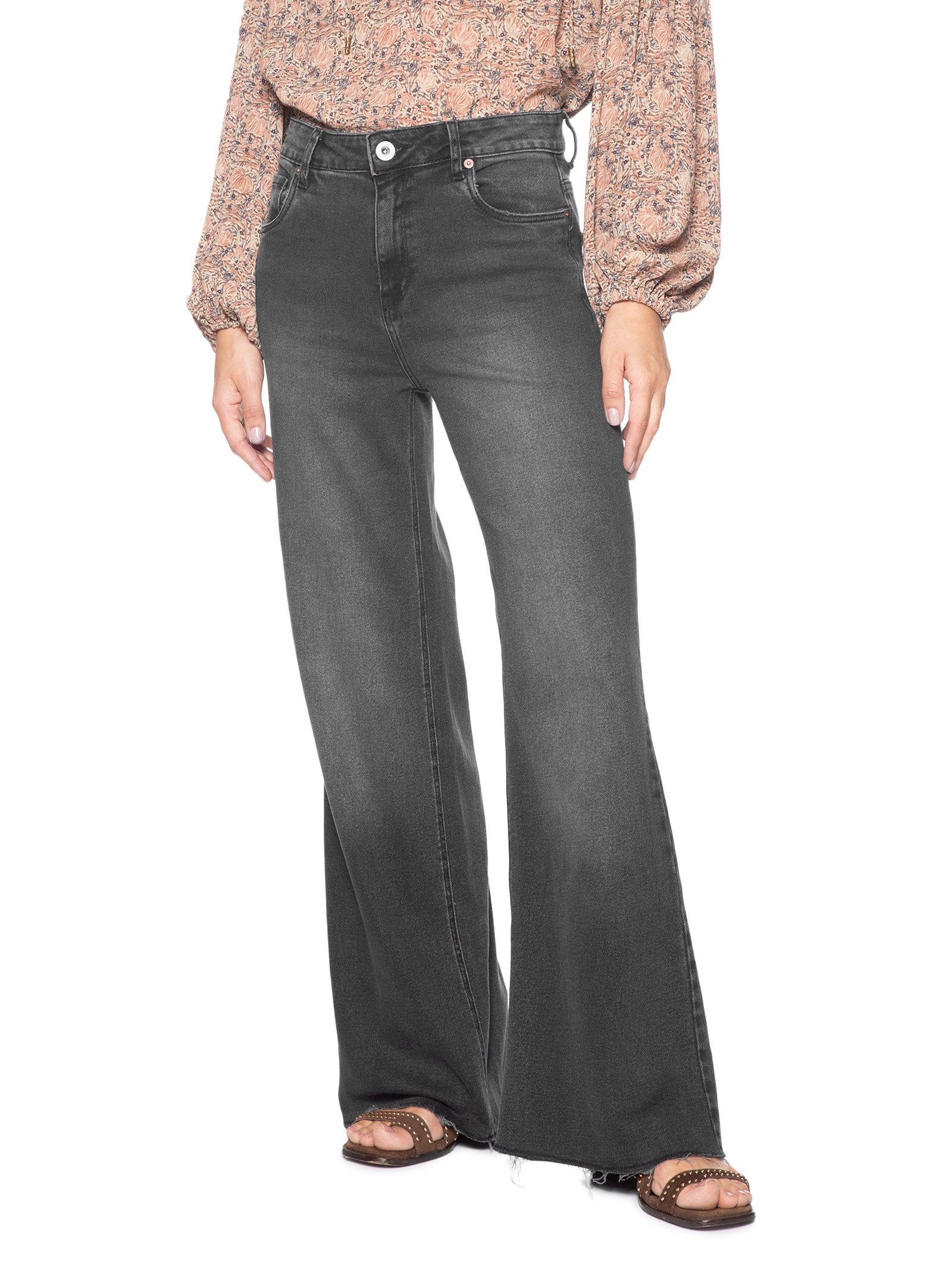 Calça Feminina Jeans Mini Wides Bigodes Preto Maria Filó