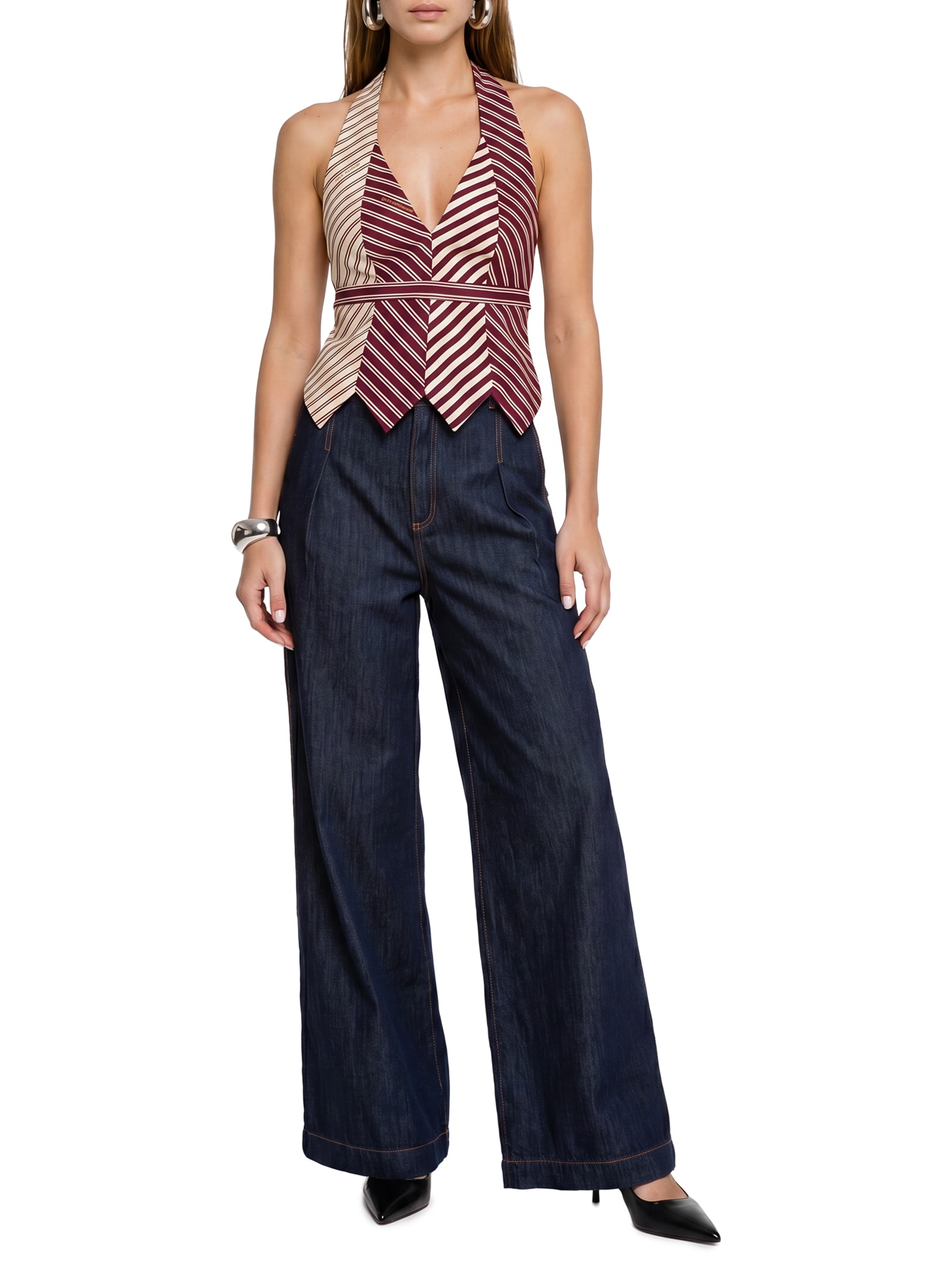 Calça Feminina  Jeans Palazzo Cintura Média Azul Lança Perfume