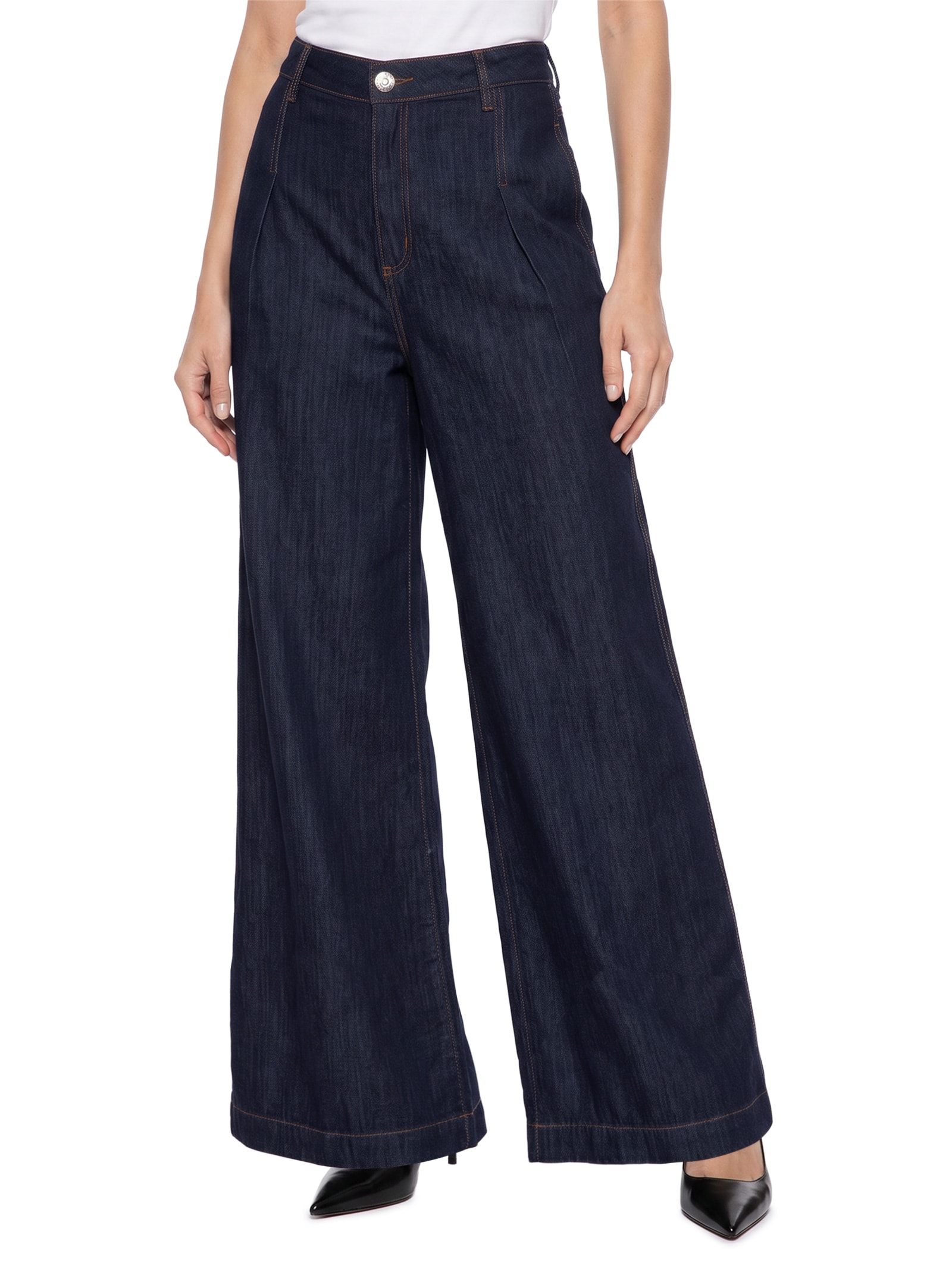 Calça Feminina  Jeans Palazzo Cintura Média Azul Lança Perfume