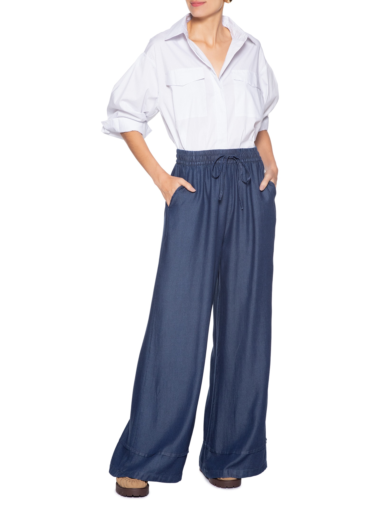 Calça Feminina Jeans Pantalona Azul Basiq