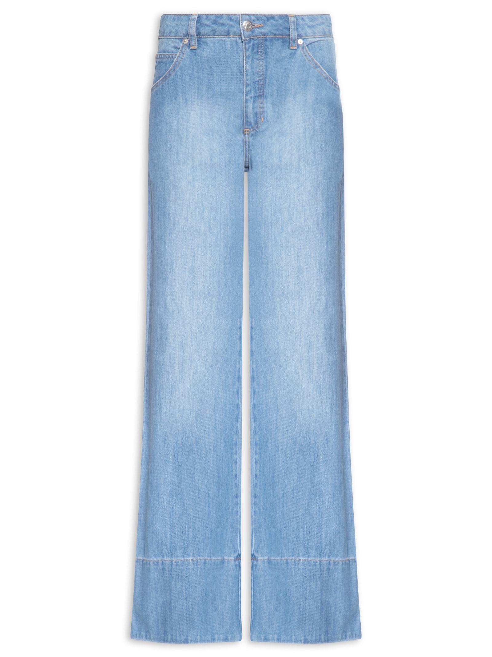 Calça Feminina Jeans Pantalona Com Barra Longa Azul Maria Filó