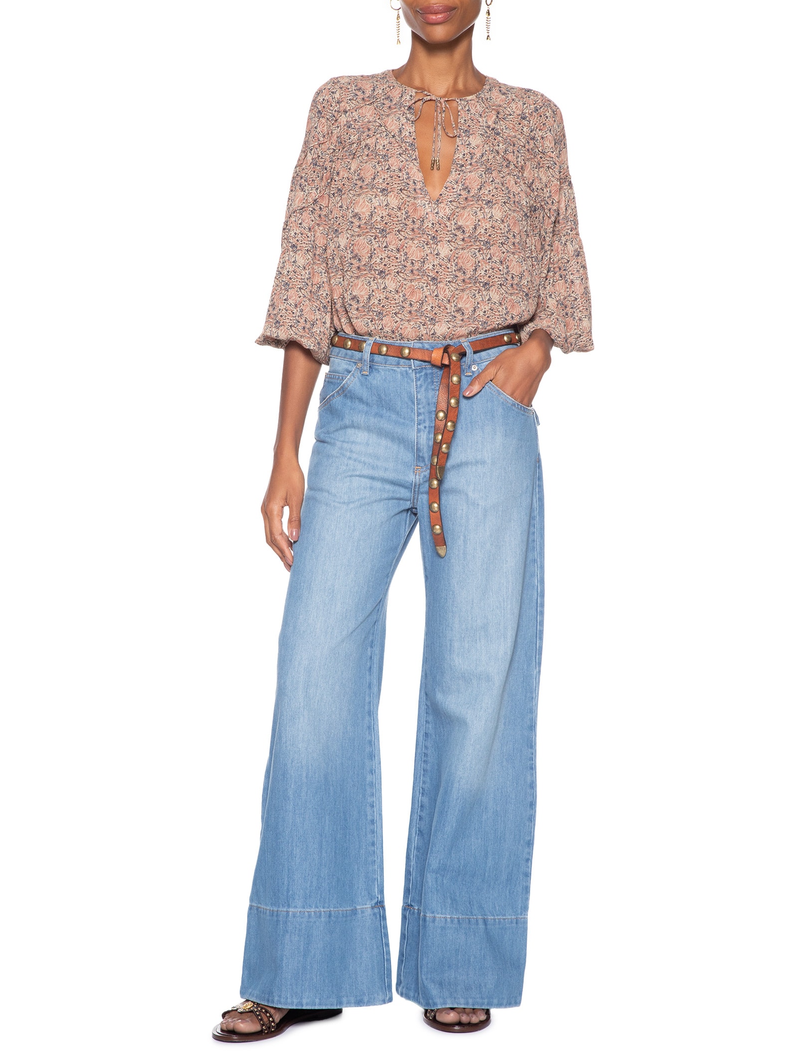 Calça Feminina Jeans Pantalona Com Barra Longa Azul Maria Filó