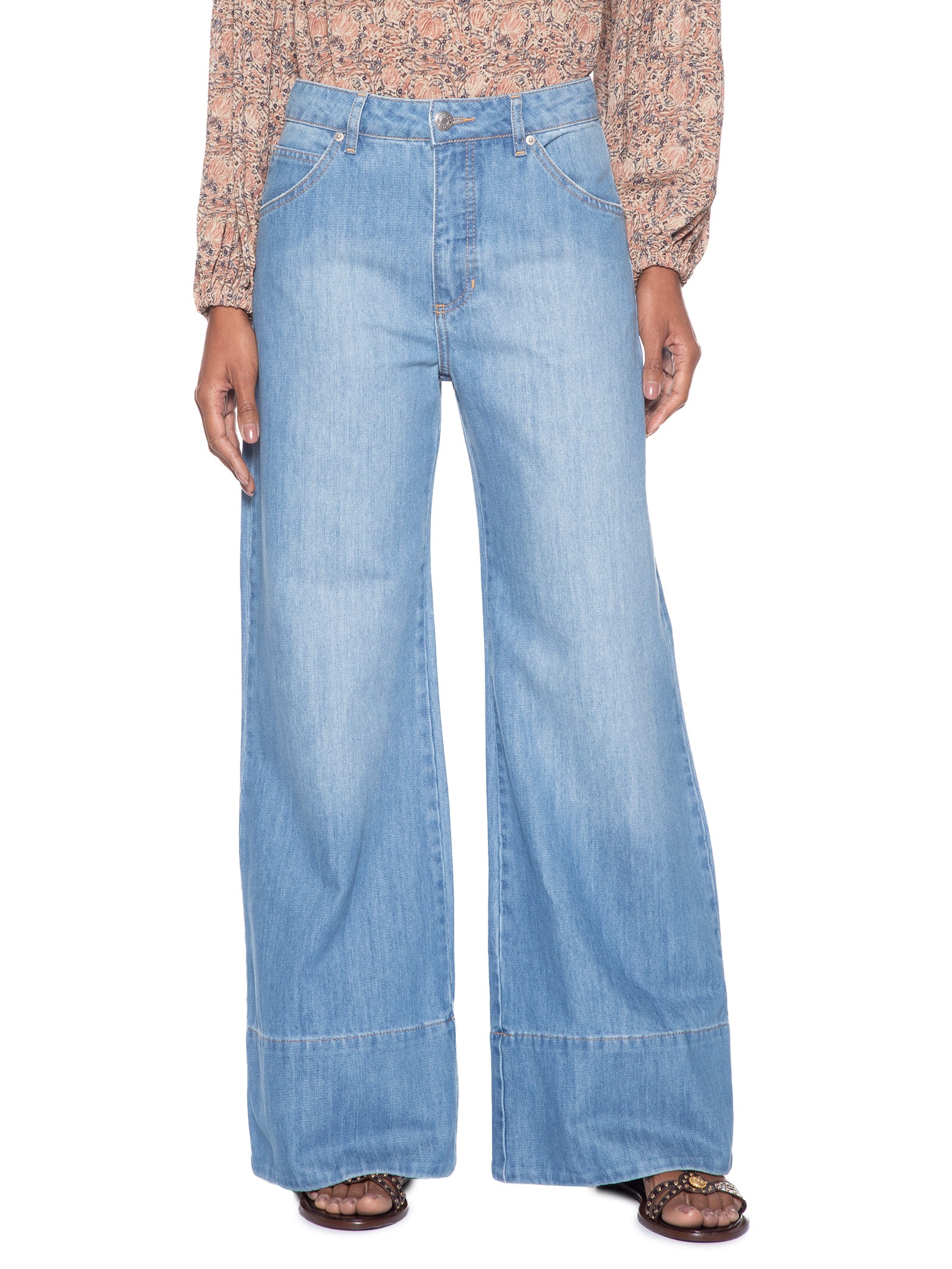 Calça Feminina Jeans Pantalona Com Barra Longa Azul Maria Filó