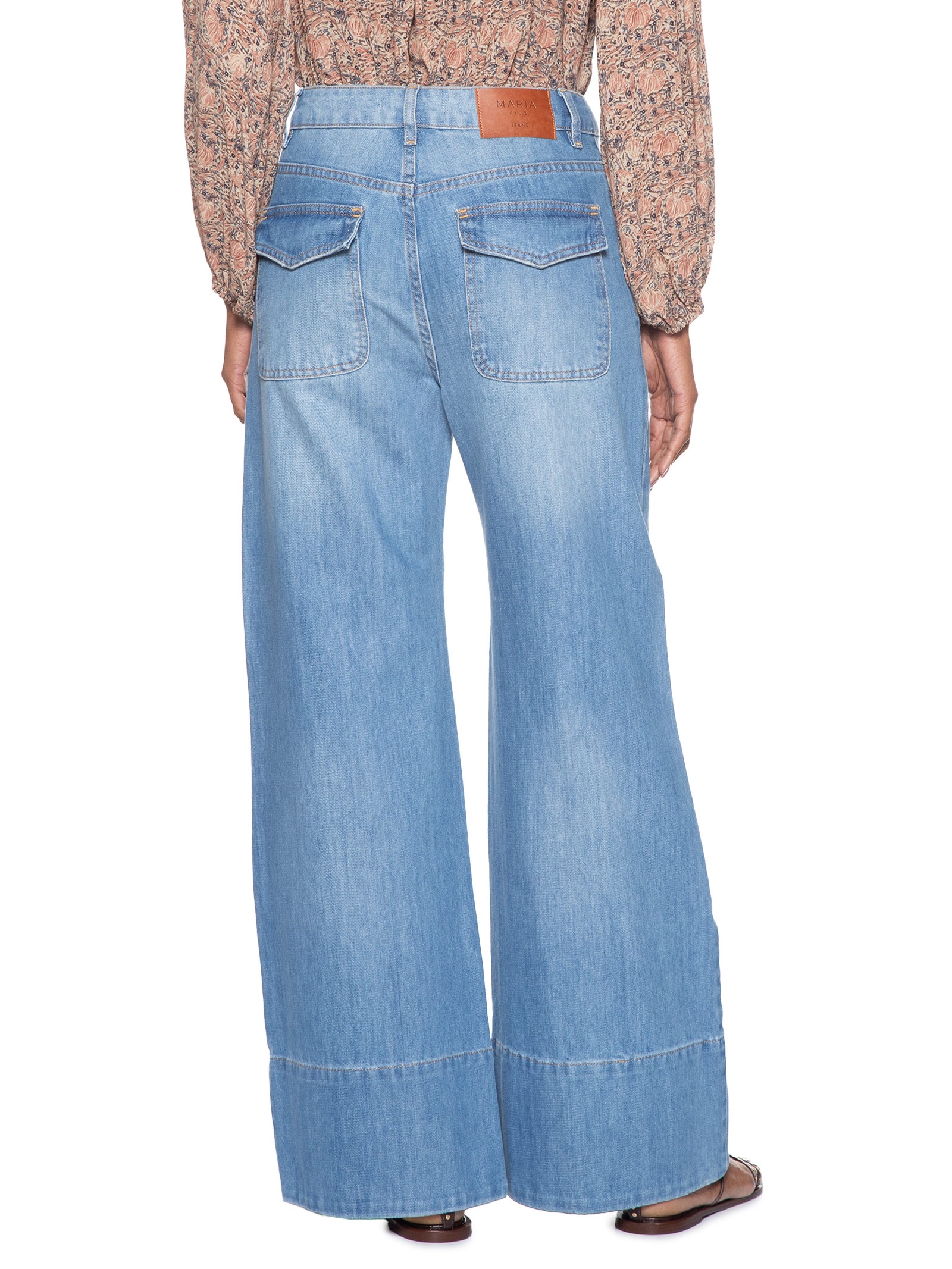 Calça Feminina Jeans Pantalona Com Barra Longa Azul Maria Filó