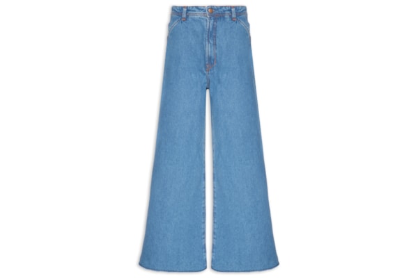 Calça Feminina Jeans Pantalona Detalhe Zig Zag - Azul