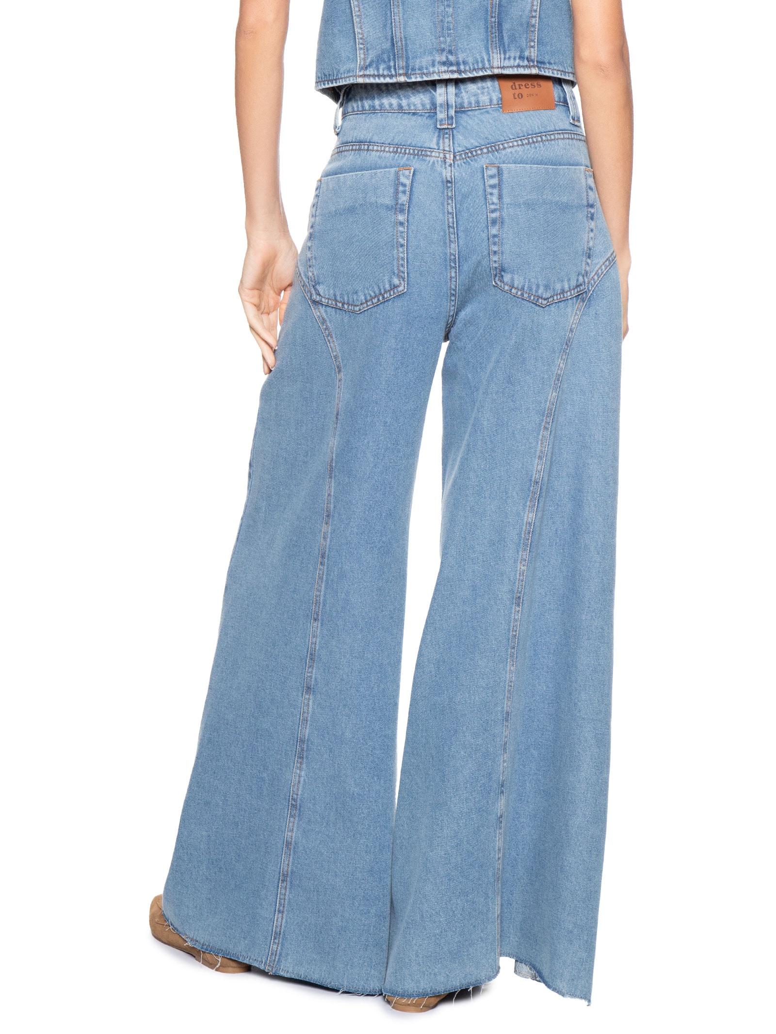 Calça Feminina Jeans Pantalona Recortes Azul Dress To