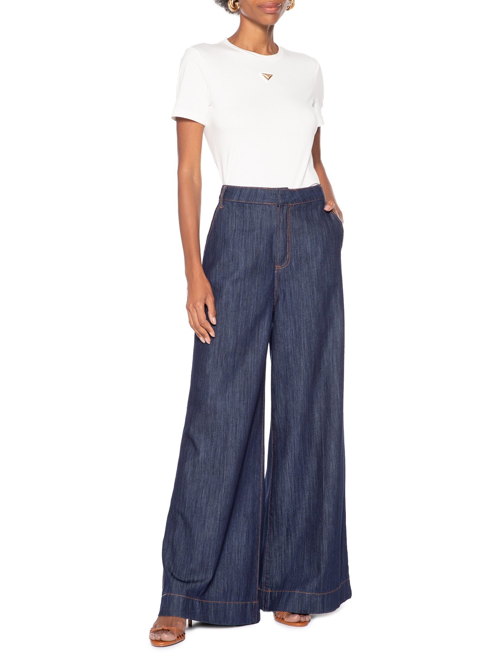 Calça Feminina Jeans Pantalona Super High Azul Lança Perfume