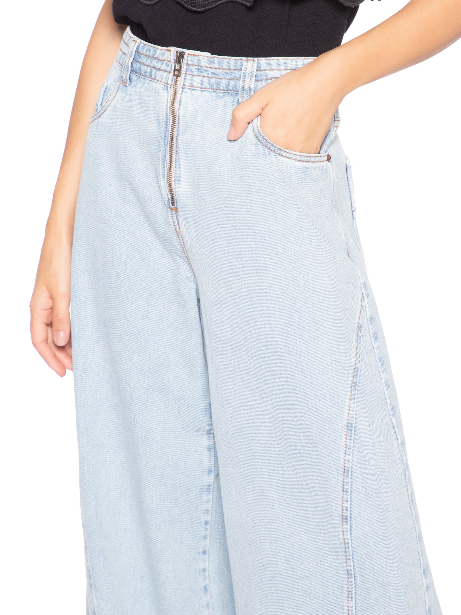 Calça Feminina Jeans Pantalona Zíper Azul Dress To