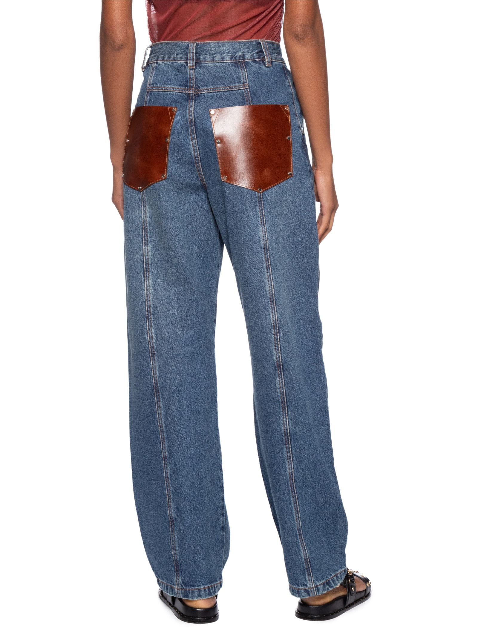 Calça Feminina Jeans Pregas Bolso De Couro Azul Animale Jeans