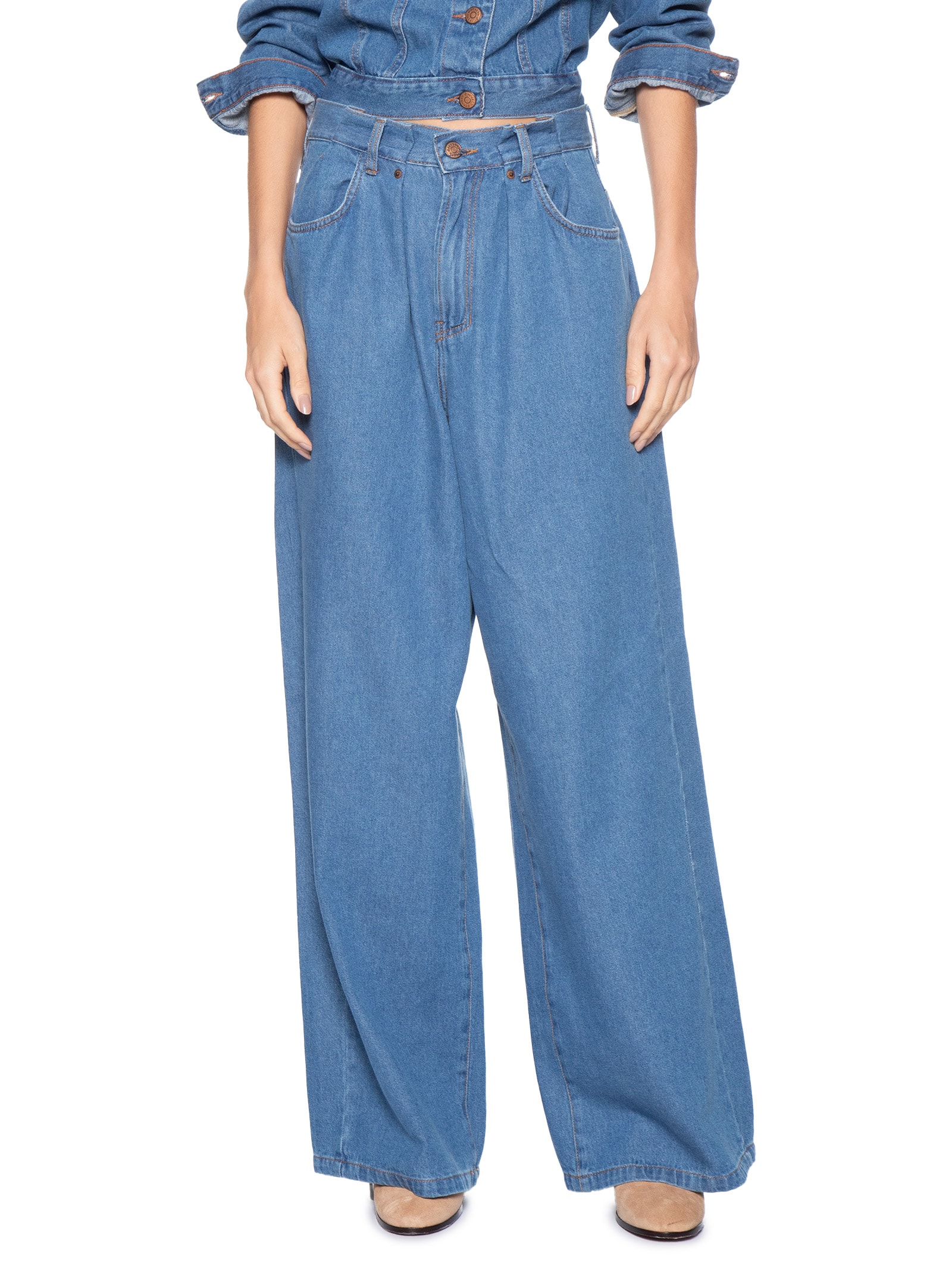 Calça Feminina Jeans Pregas Cós Azul Dress To