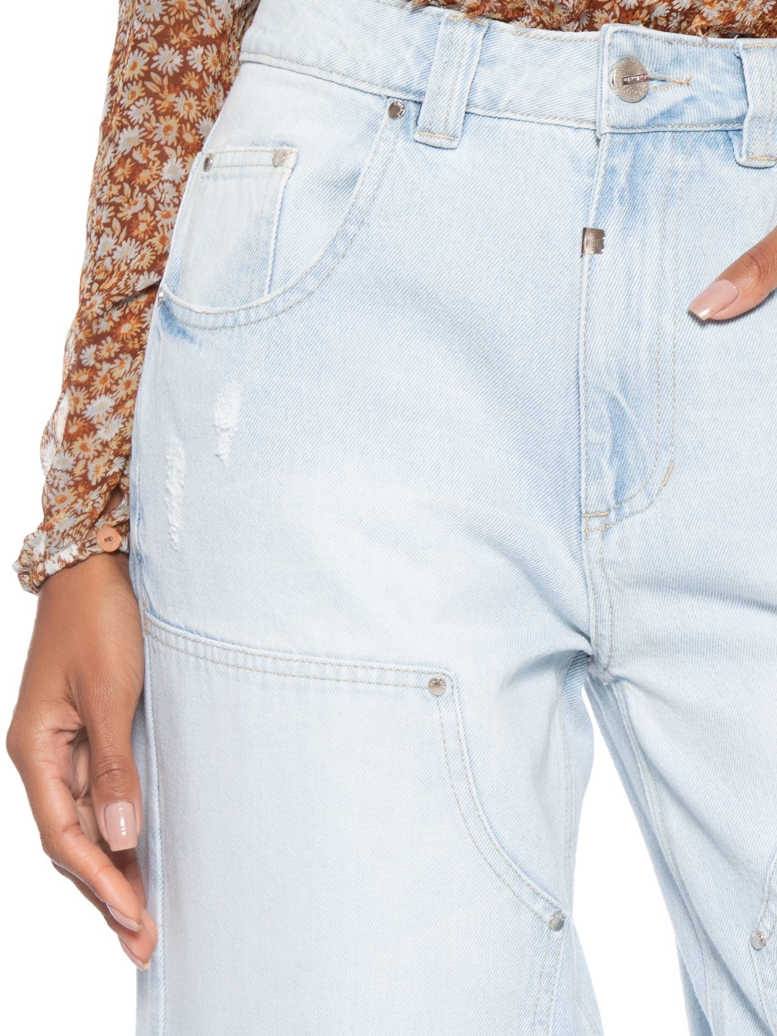 Calça Feminina Jeans Recortes Bolso Frente Azul Animale